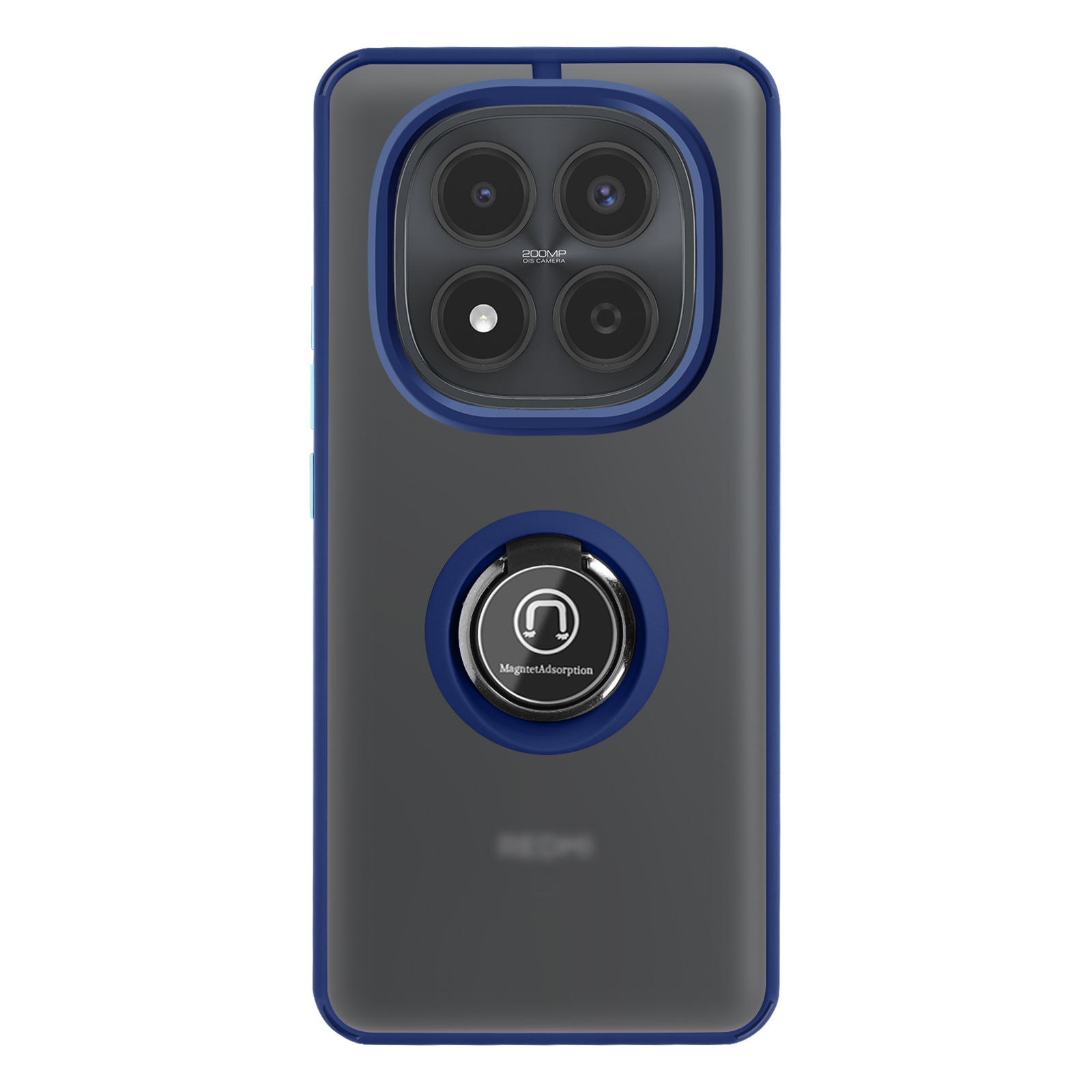 Custodia smartphone con quattro fotocamere, anello porta anello e bordo blu.