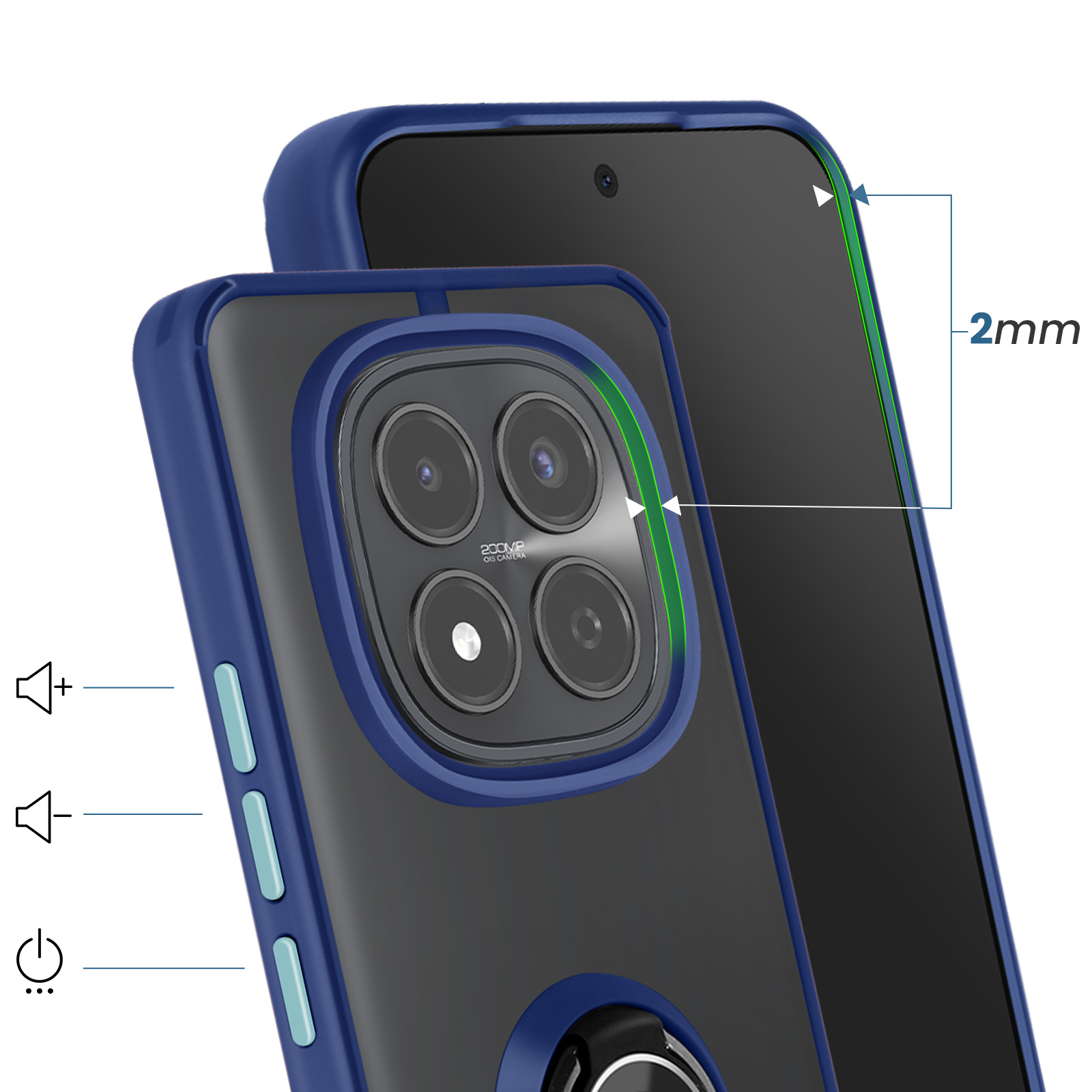 Custodia blu per telefono con fotocamera quadrupla e anello. Segnalato 2mm.