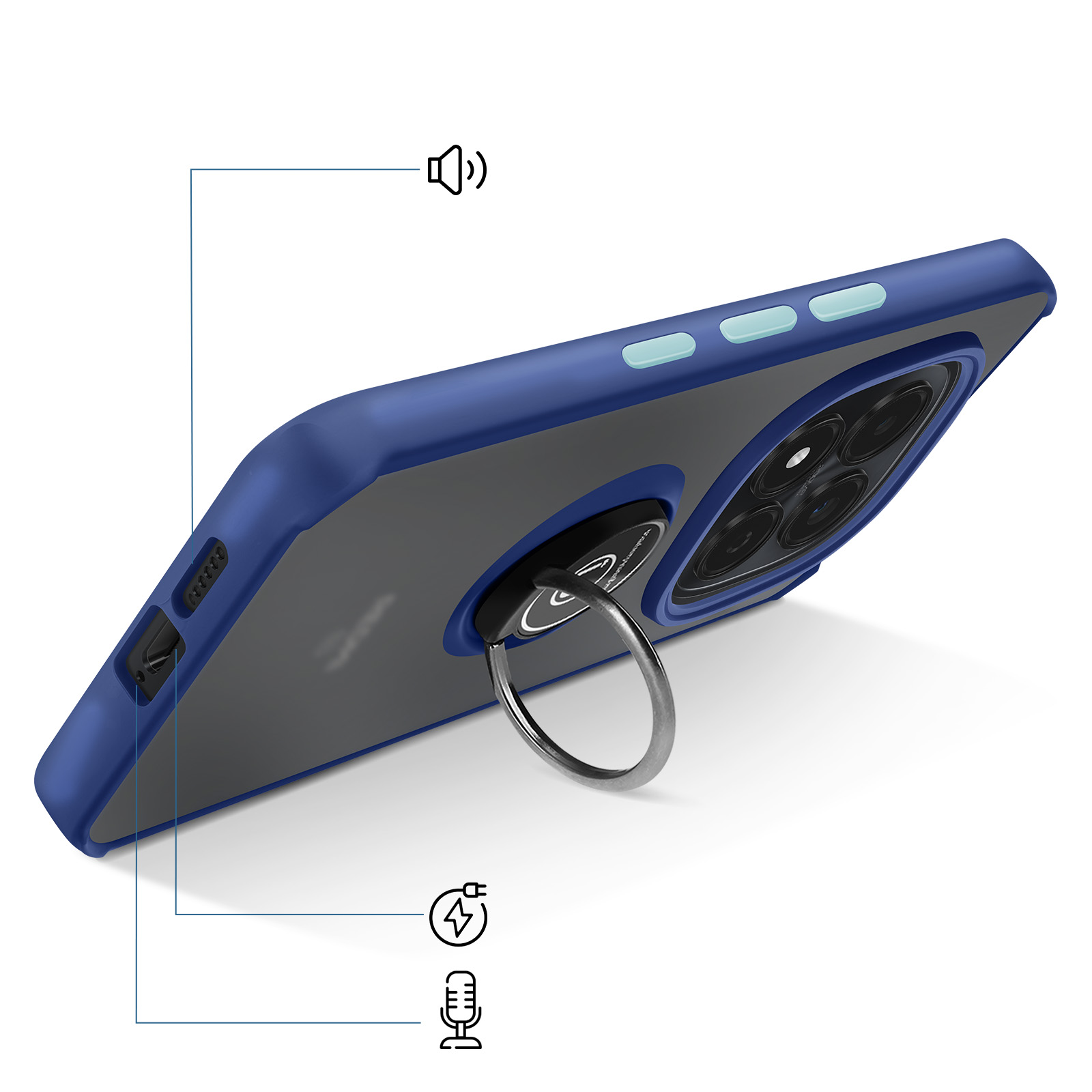 Custodia blu per telefono con anello, fotocamera e icone altoparlante/microfono.