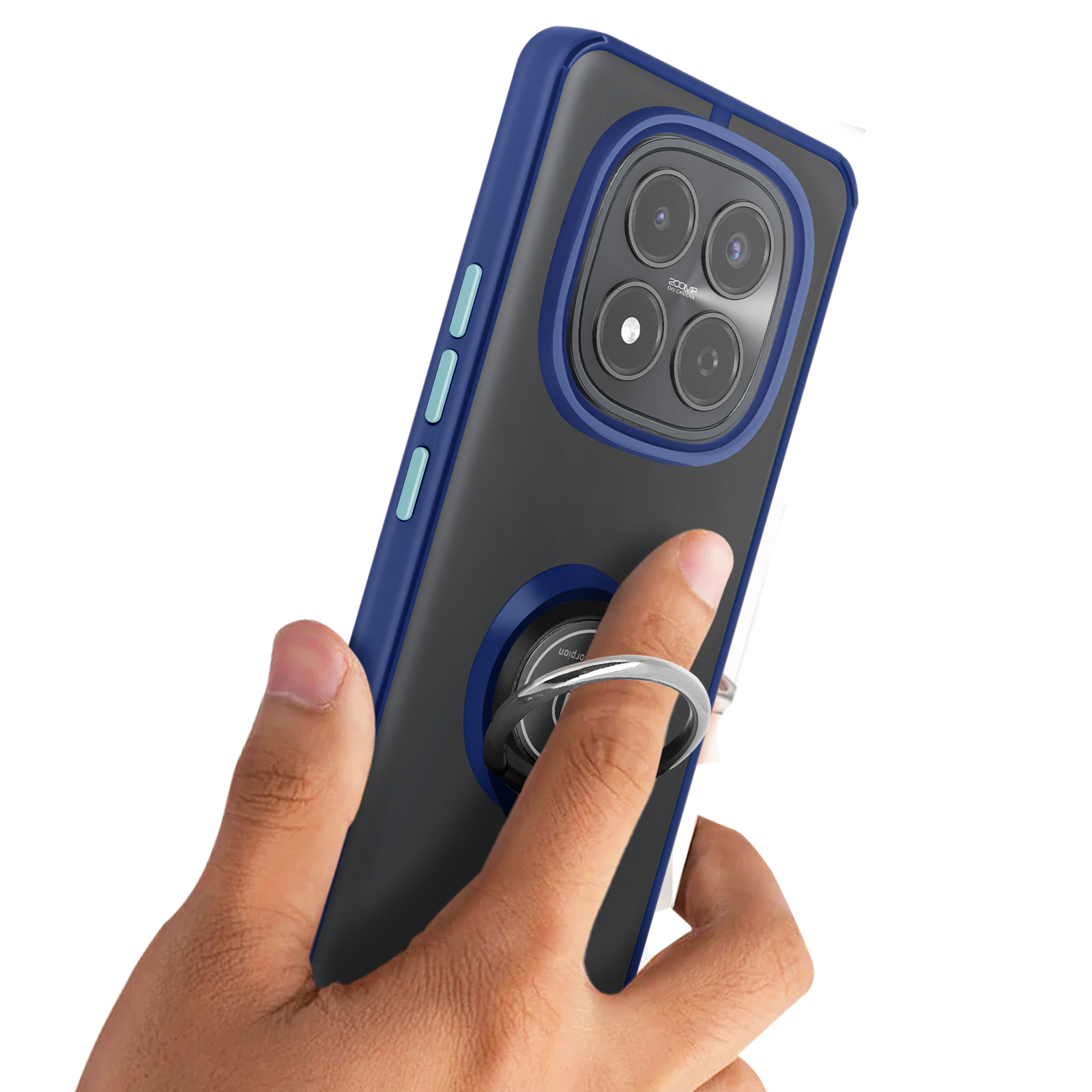Mano che tiene un telefono blu con anello porta e quattro lenti.