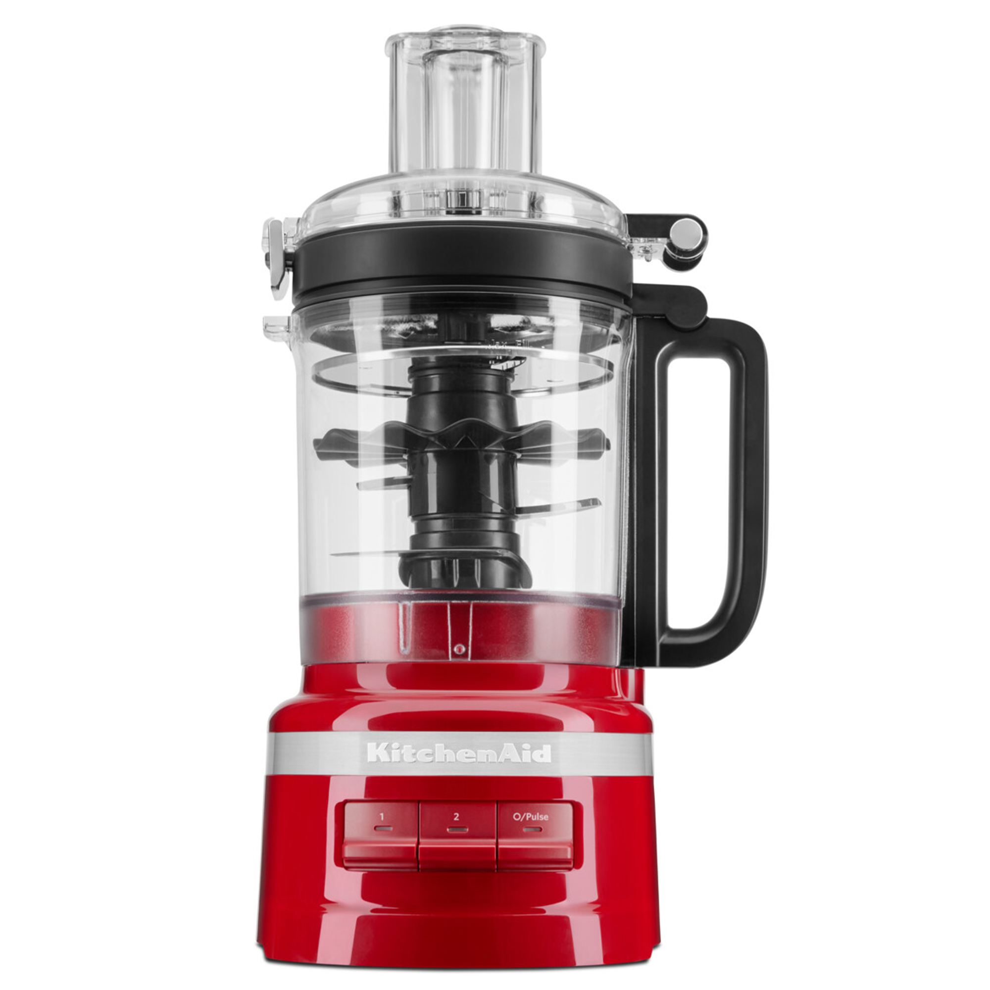 Roter KitchenAid Küchenroboter mit transparentem Behälter und Messern.