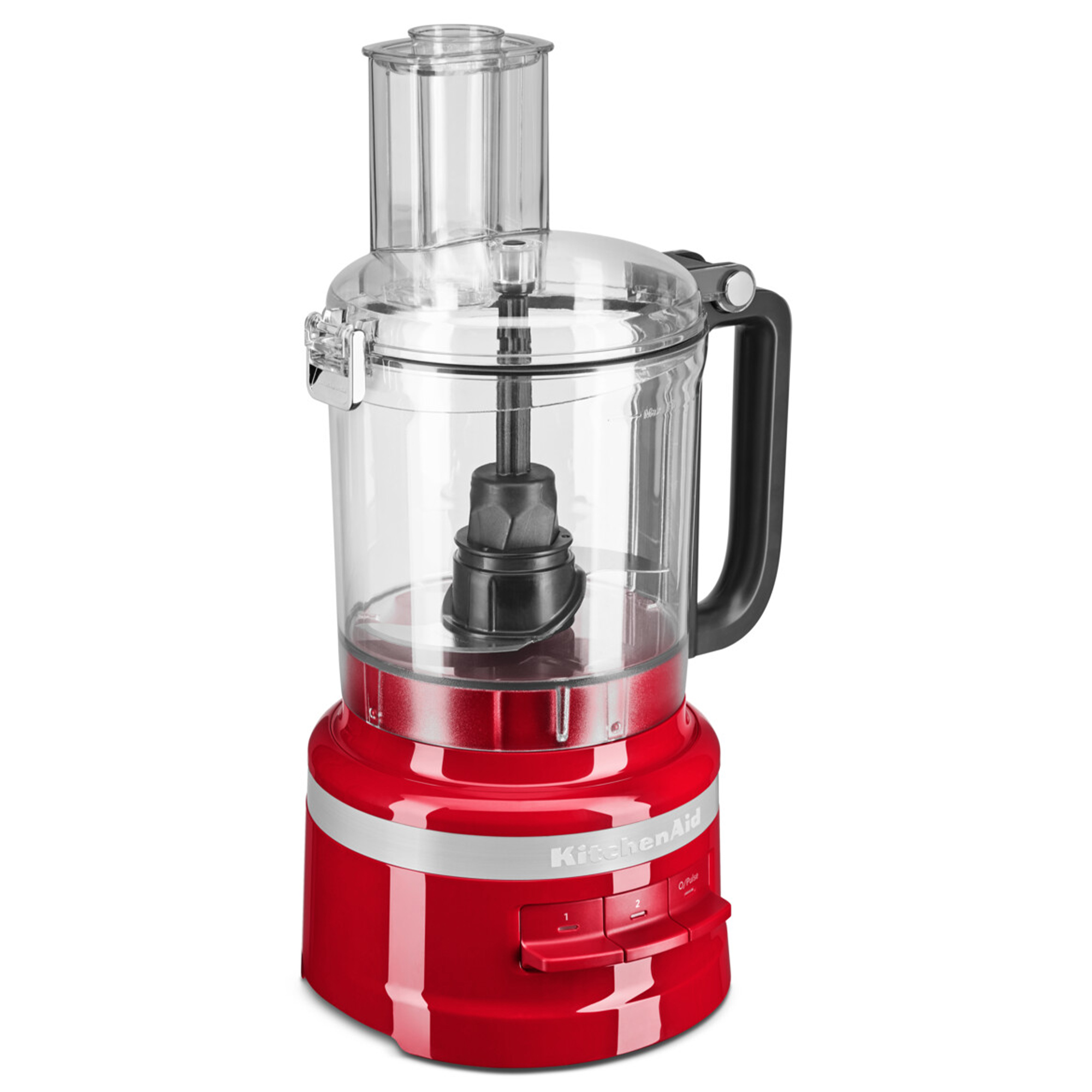 Roter KitchenAid Standmixer mit transparentem Behälter und schwarzem Griff.