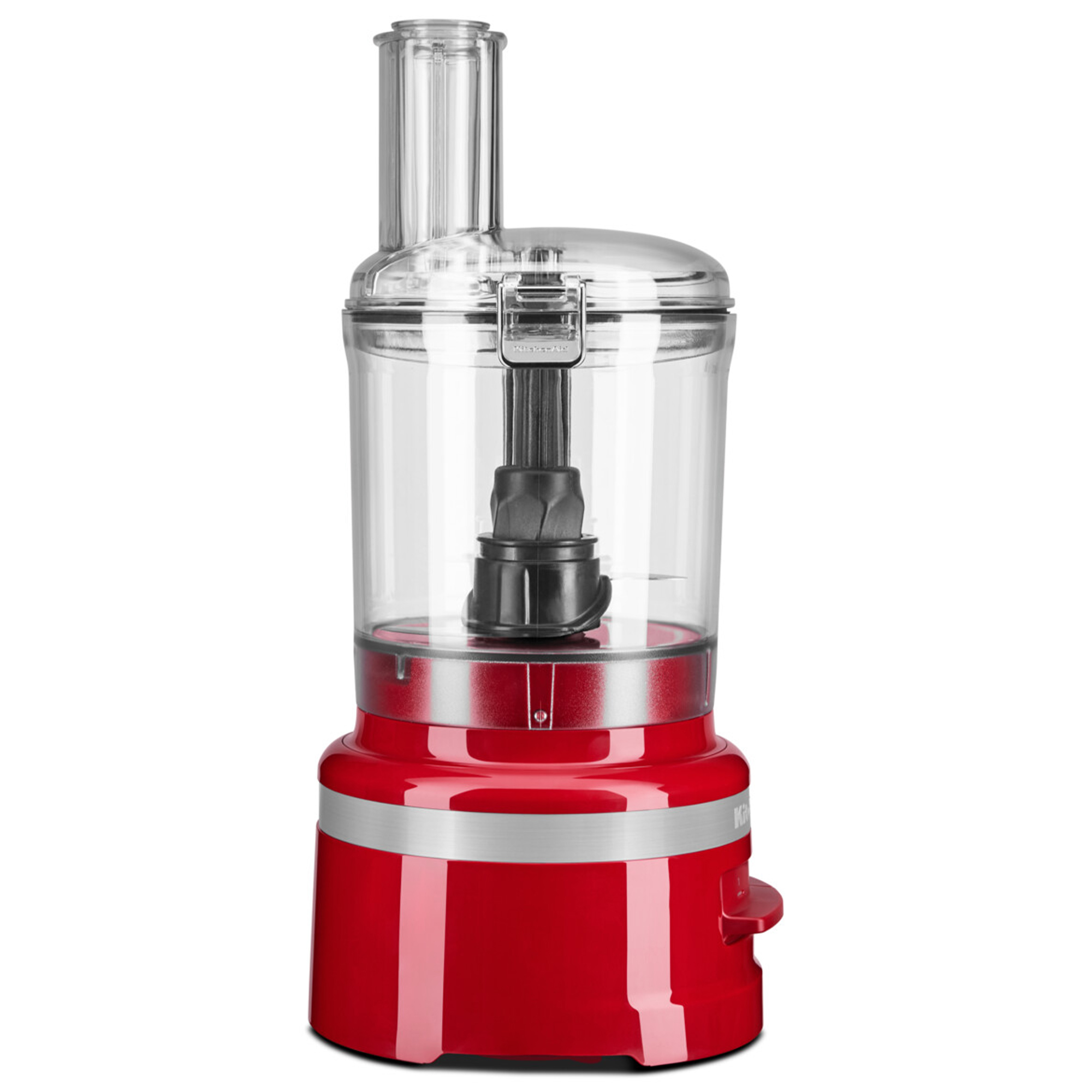 Roter Küchenmaschinen-Standmixer mit transparentem Behälter und silbernem Streifen.