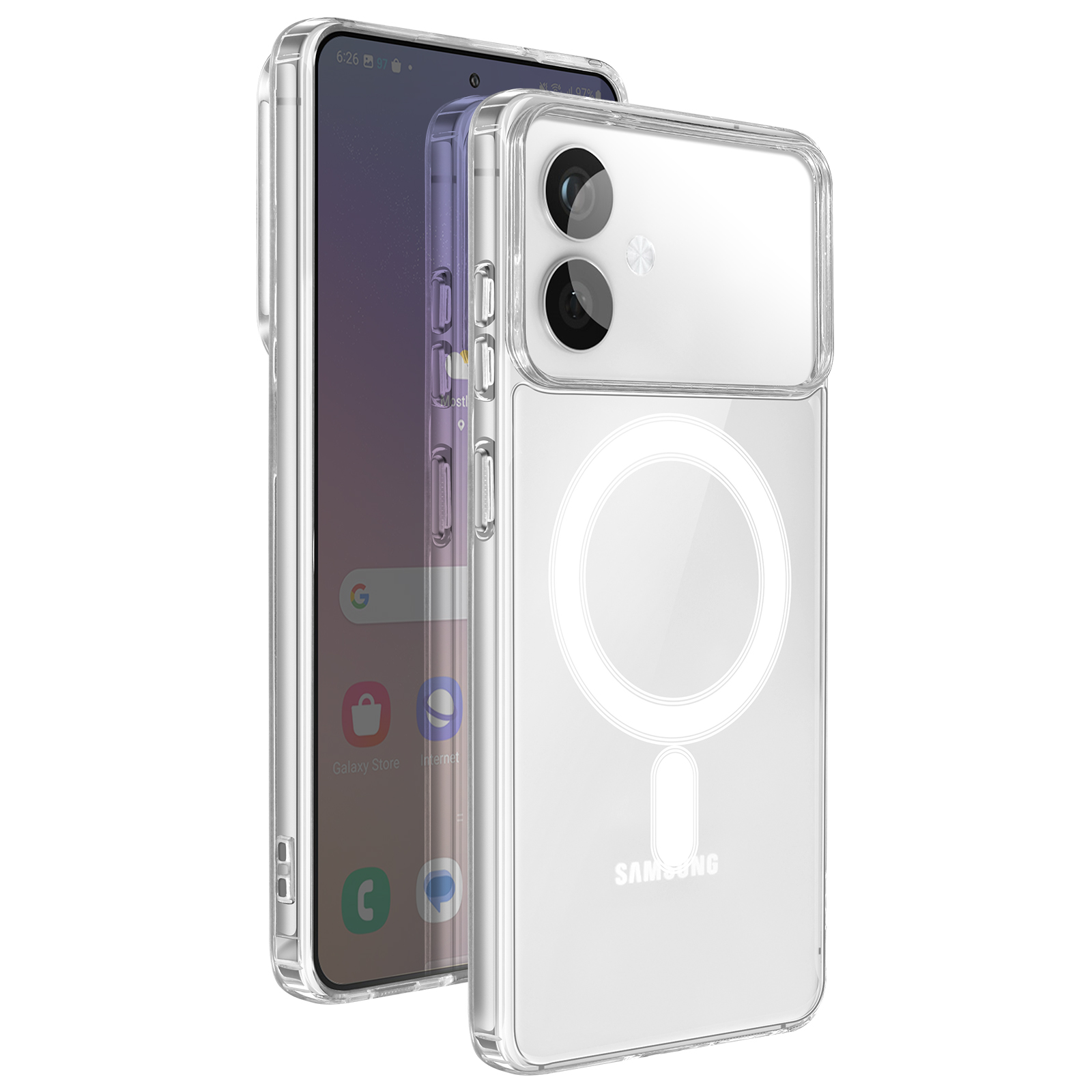 Una custodia trasparente per telefono con anello MagSafe, posizionata su uno smartphone.