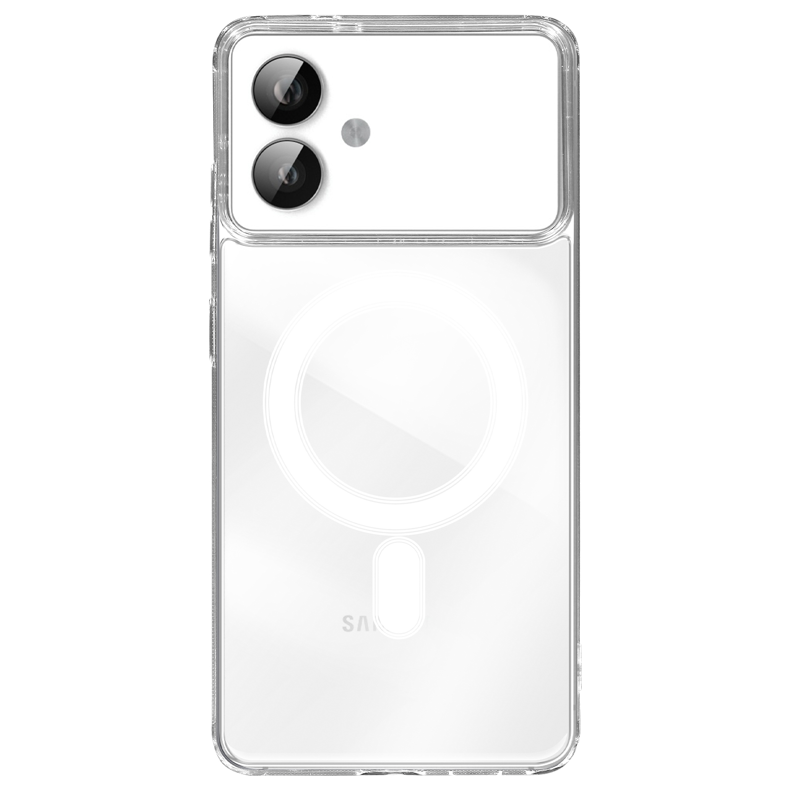 Custodia trasparente per telefono con due fotocamere e anello magnetico circolare.