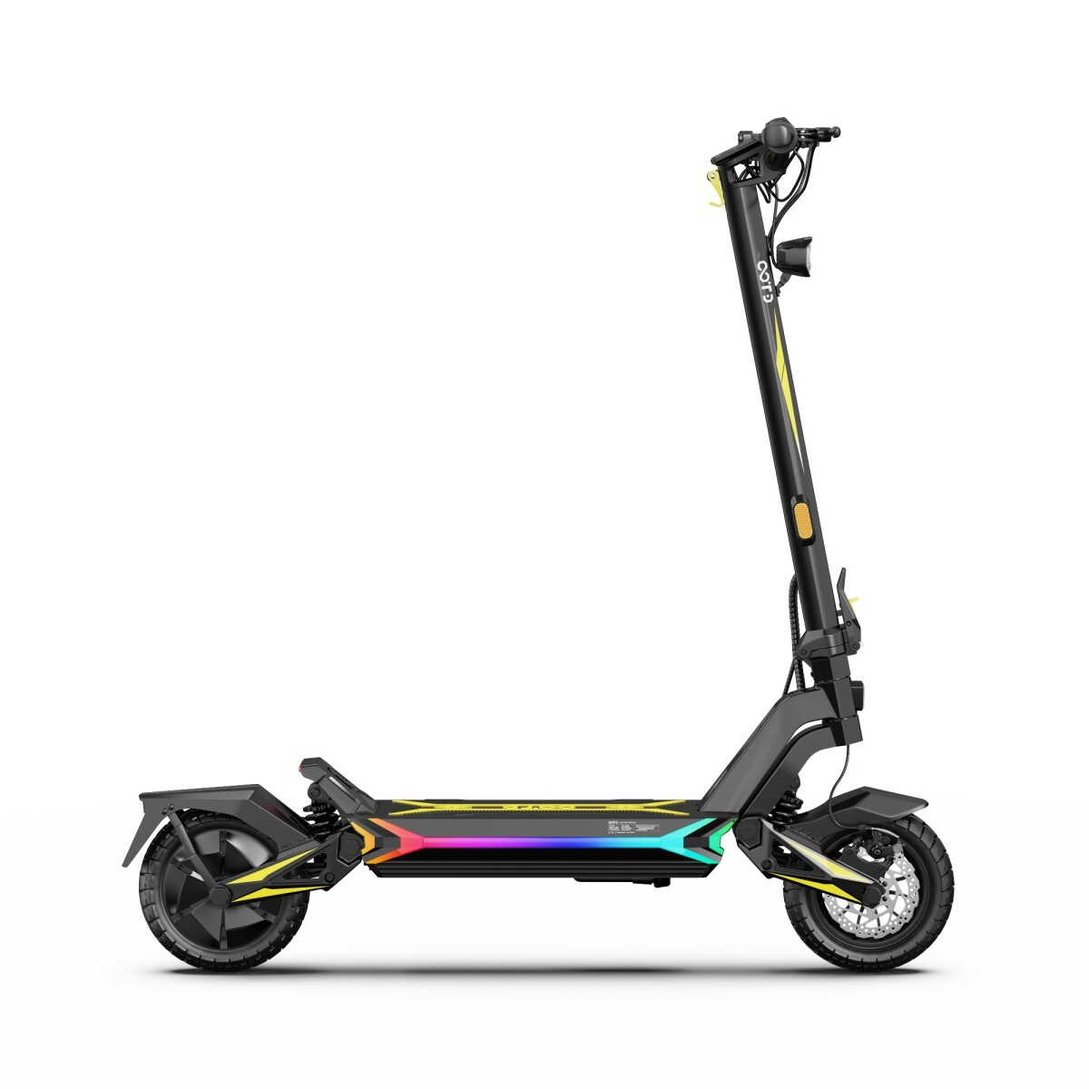 Czarna hulajnoga elektryczna z tęczowymi światłami LED i żółtymi akcentami.