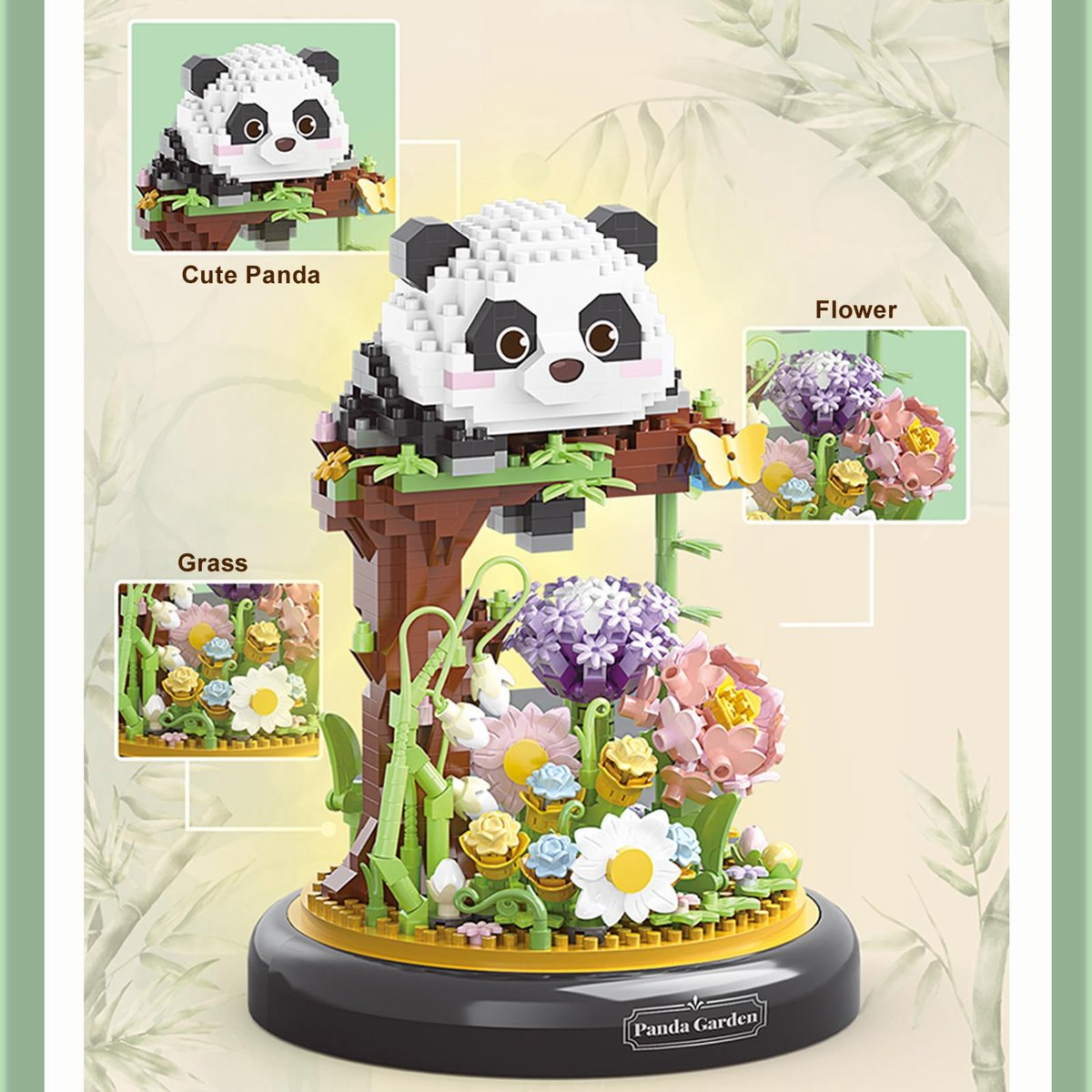 Ein niedlicher Panda sitzt auf einem Baum inmitten von bunten Blumen und grüner Wiese.