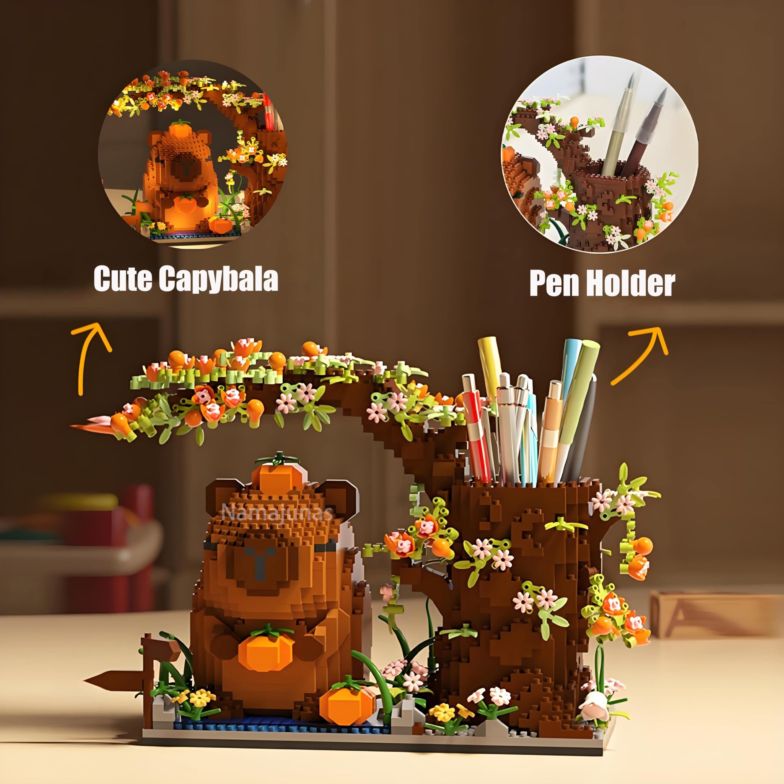 Ein Lego-Bärenhaus und ein Stiftehalter mit Orangen und Blumen.
