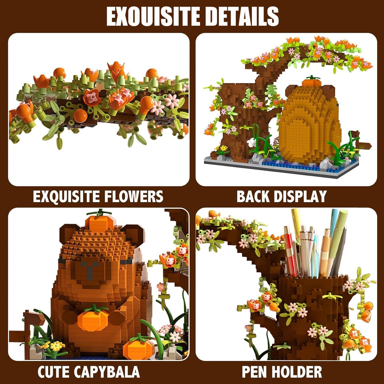 Ein Lego-Modell eines Capybaras mit einem Kürbis auf dem Kopf, umgeben von Blumen.