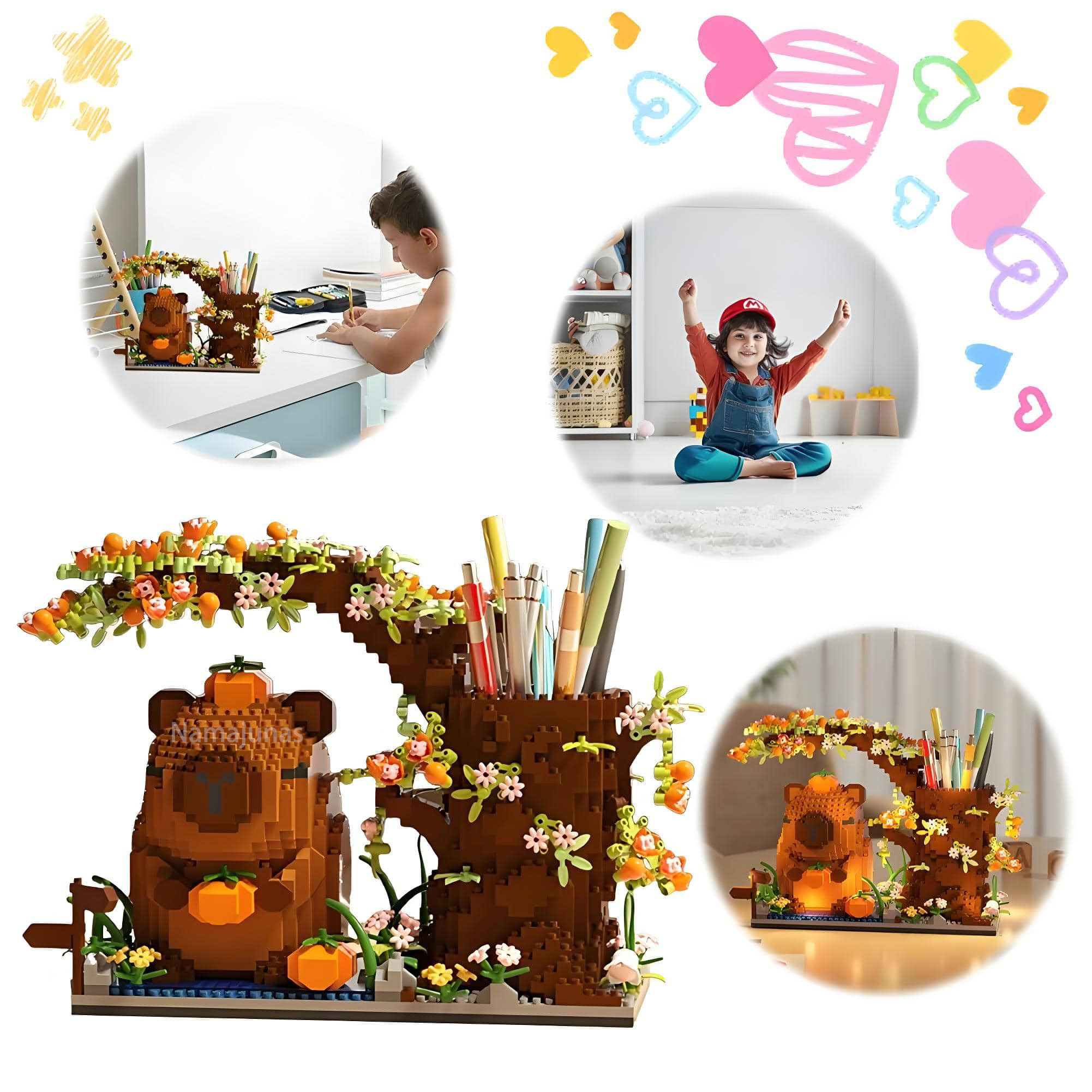 Bär-Stifthalter-Set aus Bausteinen mit Blumen und Früchten, mit Kindern beim Malen und Spielen.