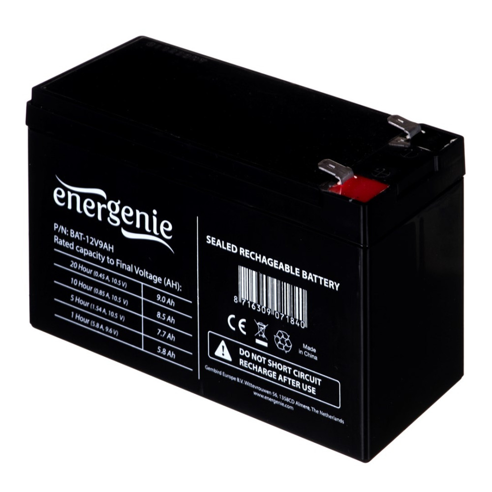 Czarny akumulator z etykietami: Energenie, BAT-12V9AH, Sealed Rechargeable Battery.