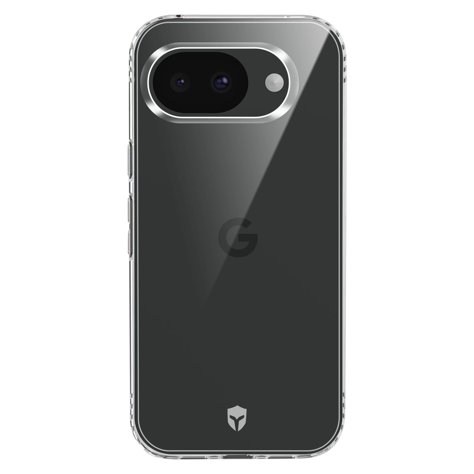 Une coque de téléphone transparente avec objectifs d'appareil photo et logo Google.