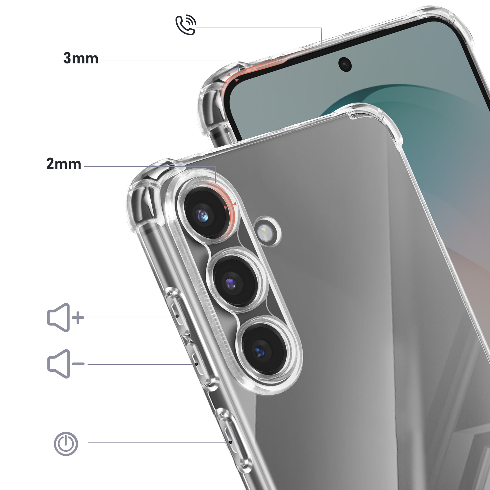 Doorzichtige hoes toont 3mm randen, 2mm camera, volume en aan/uit knoppen.