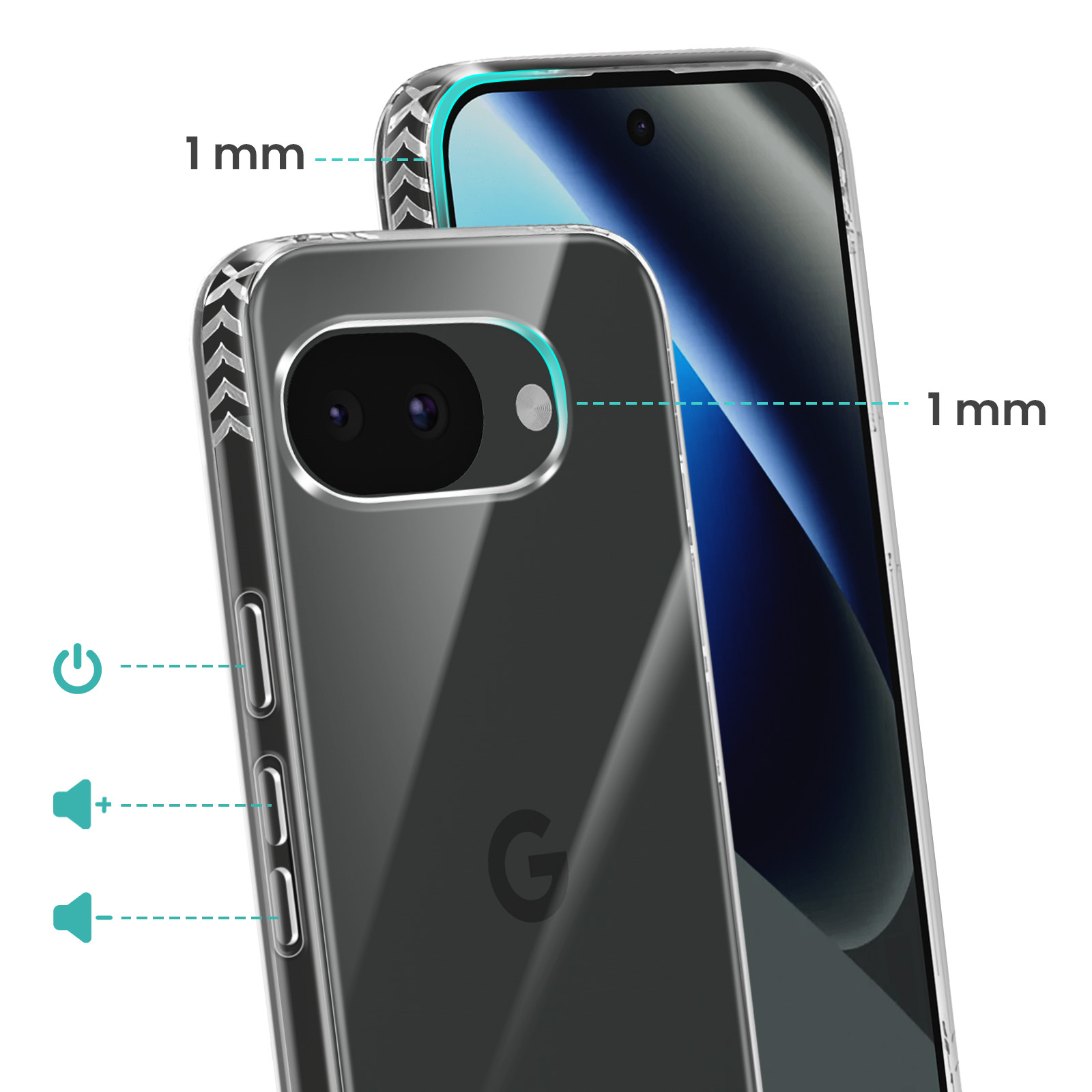 Coque transparente avec bord de 1mm, montre logo Google et caméras.
