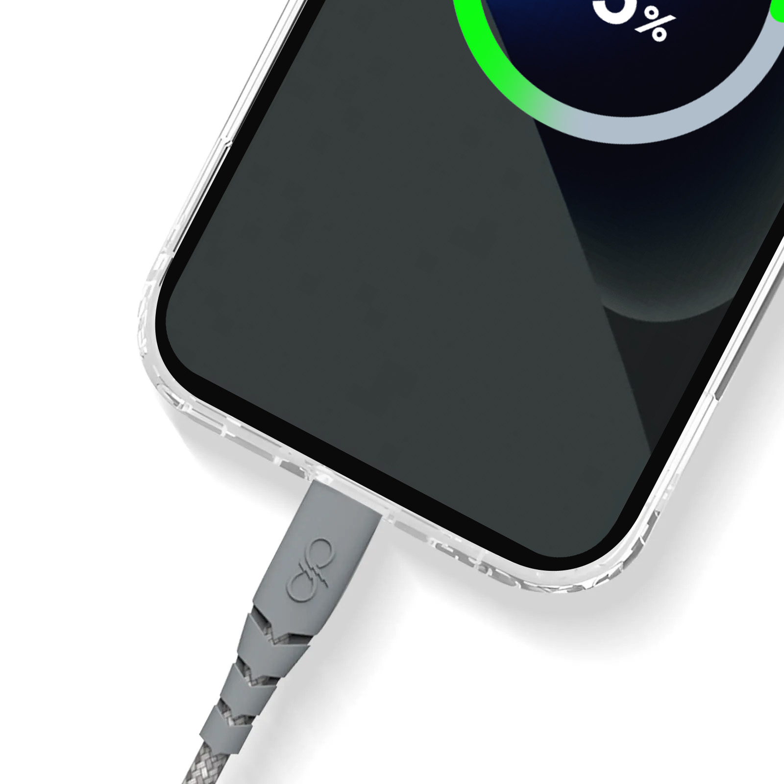 Câble de chargement gris connecté à un smartphone affichant 85% de charge.