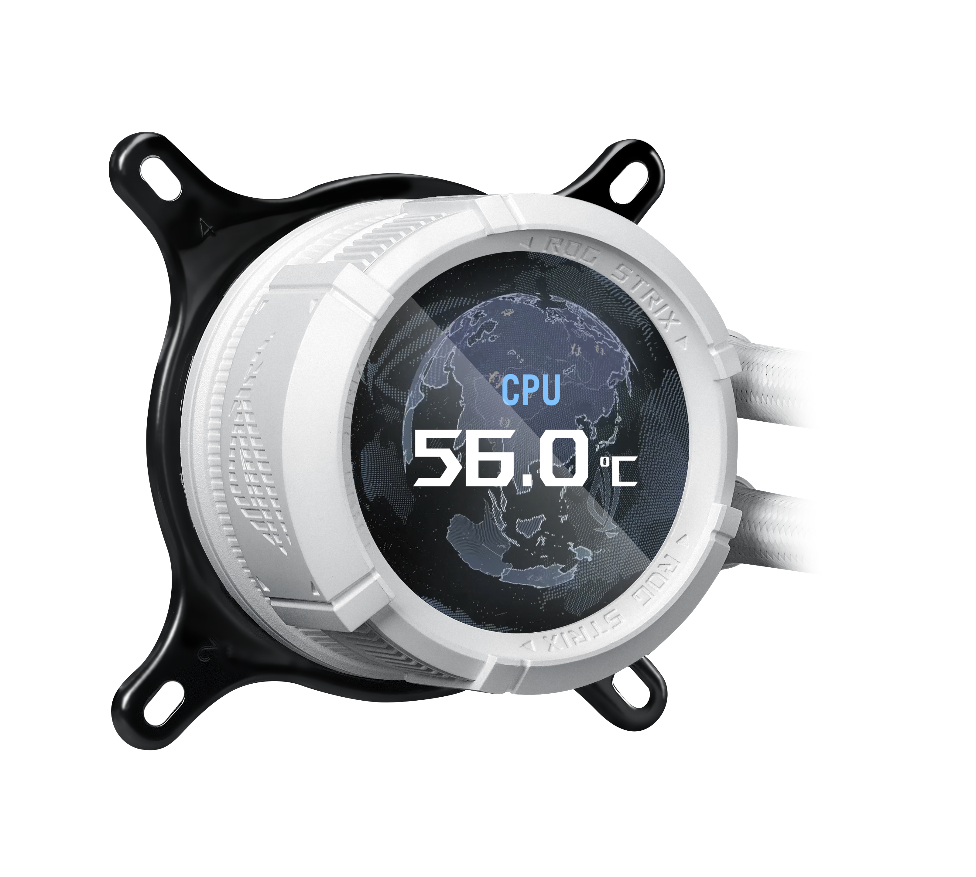 Biała chłodnica CPU z logo ROG STRIX i wyświetlaczem temperatury 56.0°C.