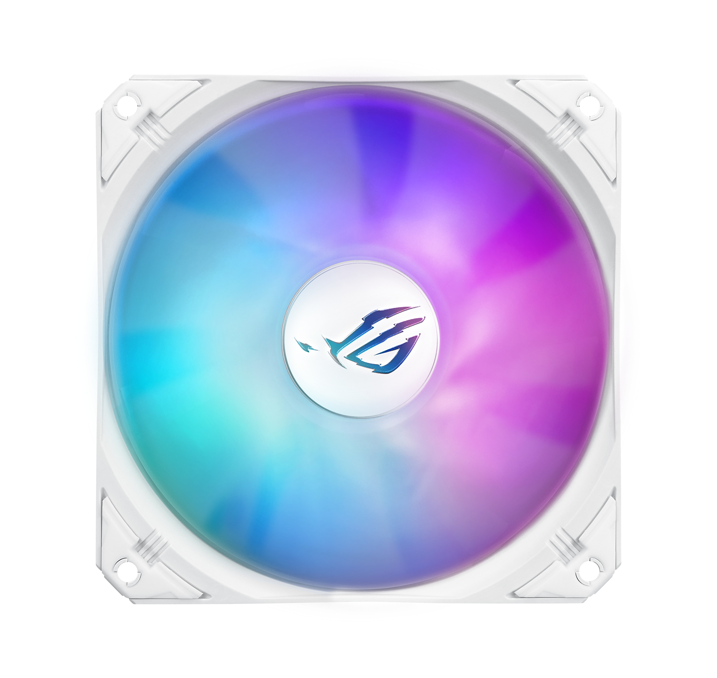 Biały wentylator PC z oświetleniem RGB, świecący odcieniami niebieskiego i fioletu.