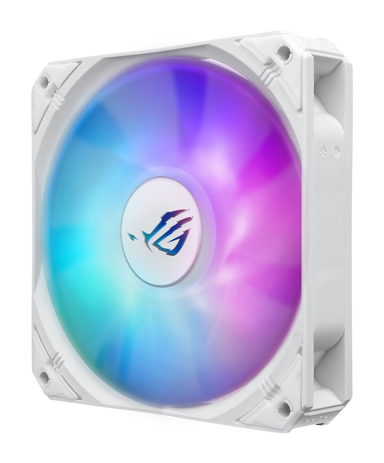 Biały wentylator komputerowy z niebiesko-fioletowym podświetleniem RGB.