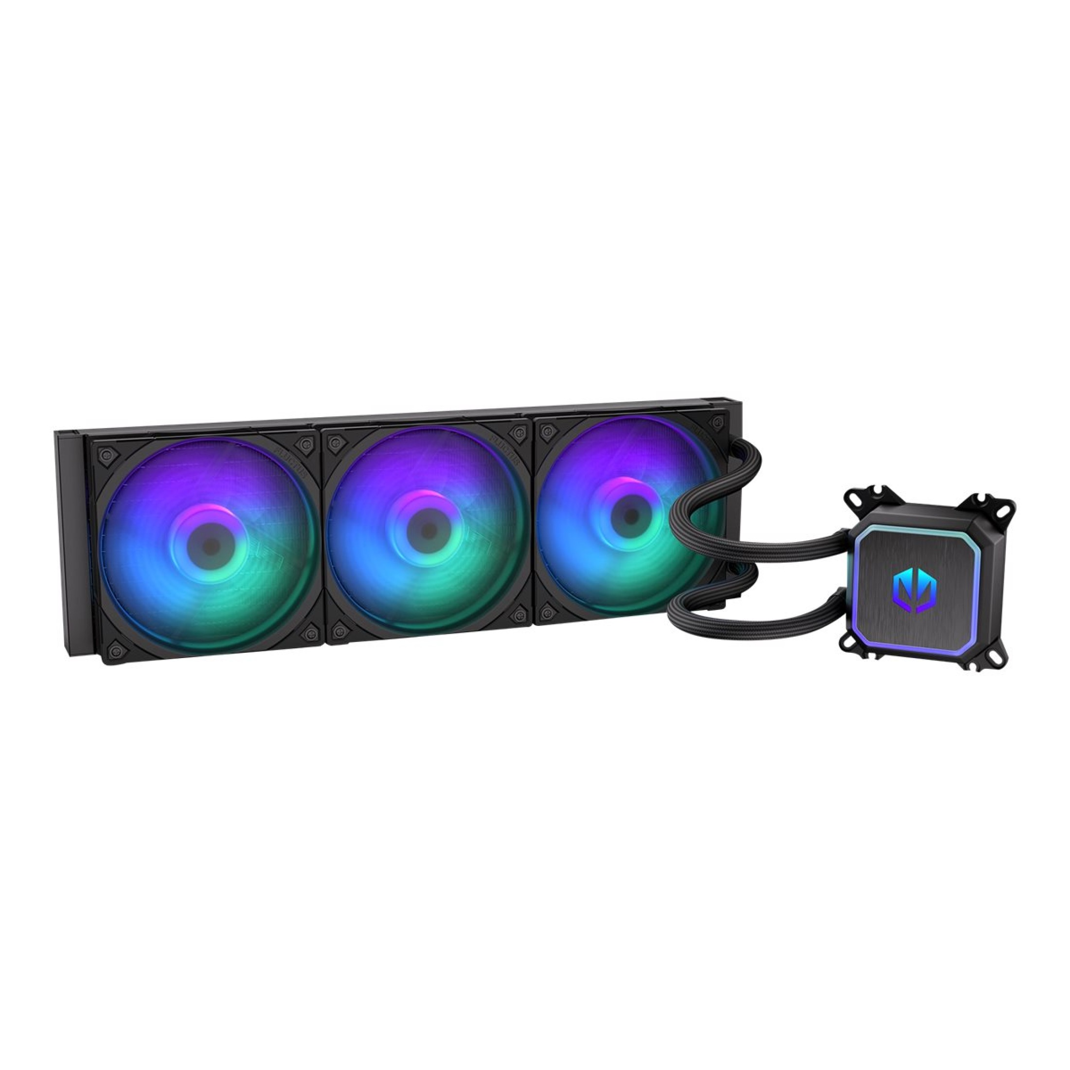 Un refroidisseur de CPU noir avec trois ventilateurs RVB et une unité de pompe carrée.