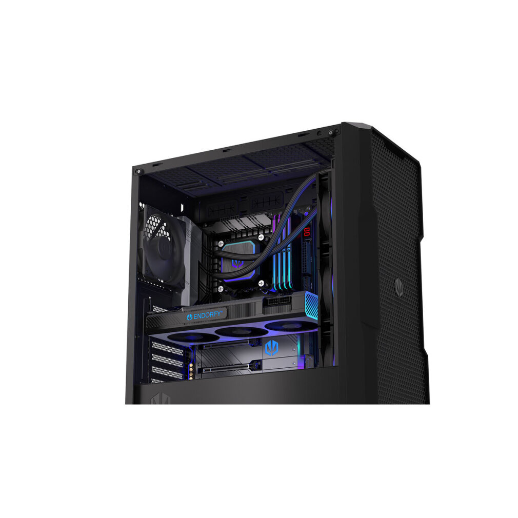 Boîtier PC noir avec composants visibles et éclairage RVB.
