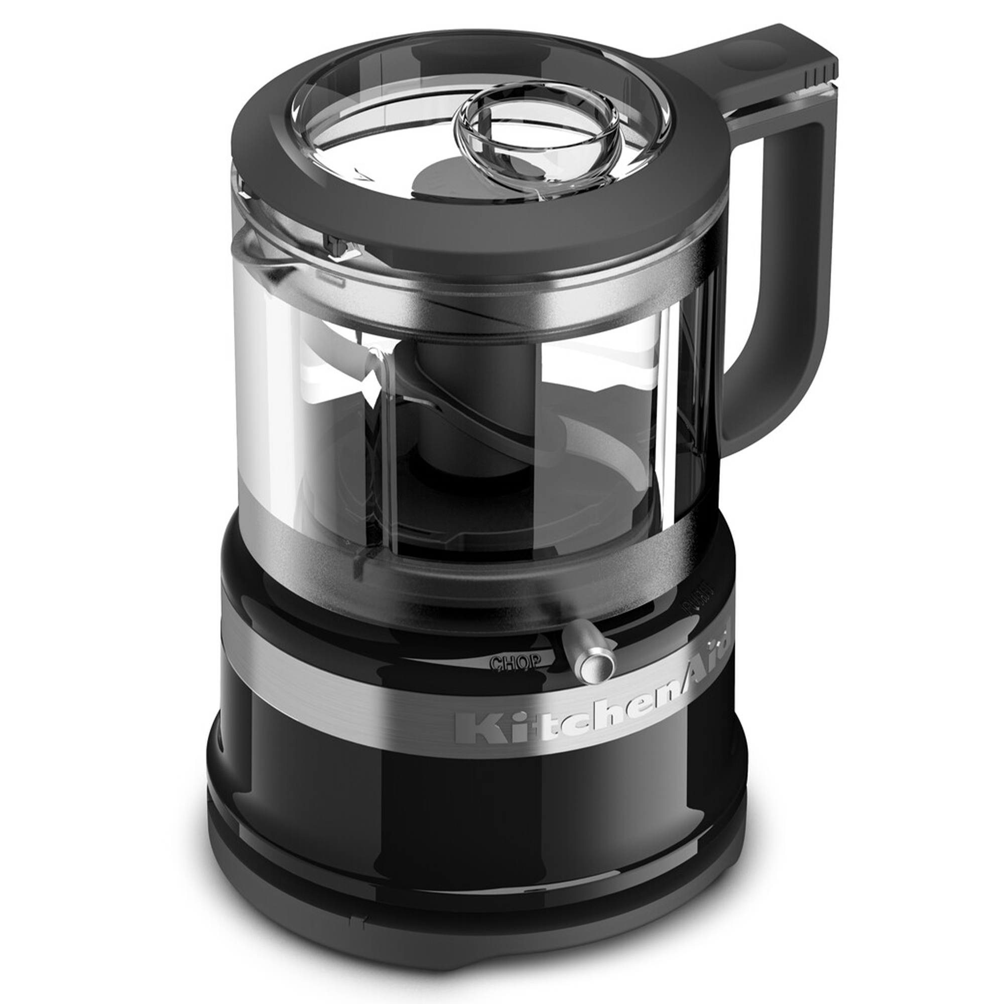 Schwarzer KitchenAid Mini-Zerkleinerer mit transparentem Behälter und silbernem Griff.