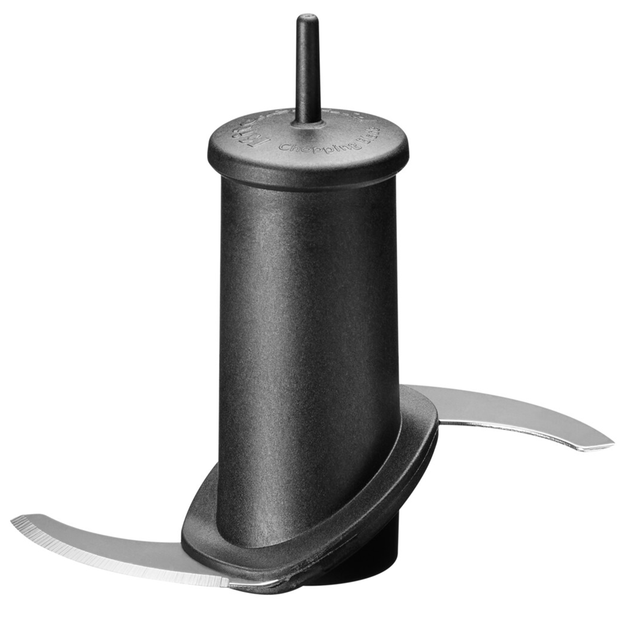 Schwarzes Küchenmaschinenmesser mit zwei scharfen, gebogenen Klingen auf weißem Hintergrund.