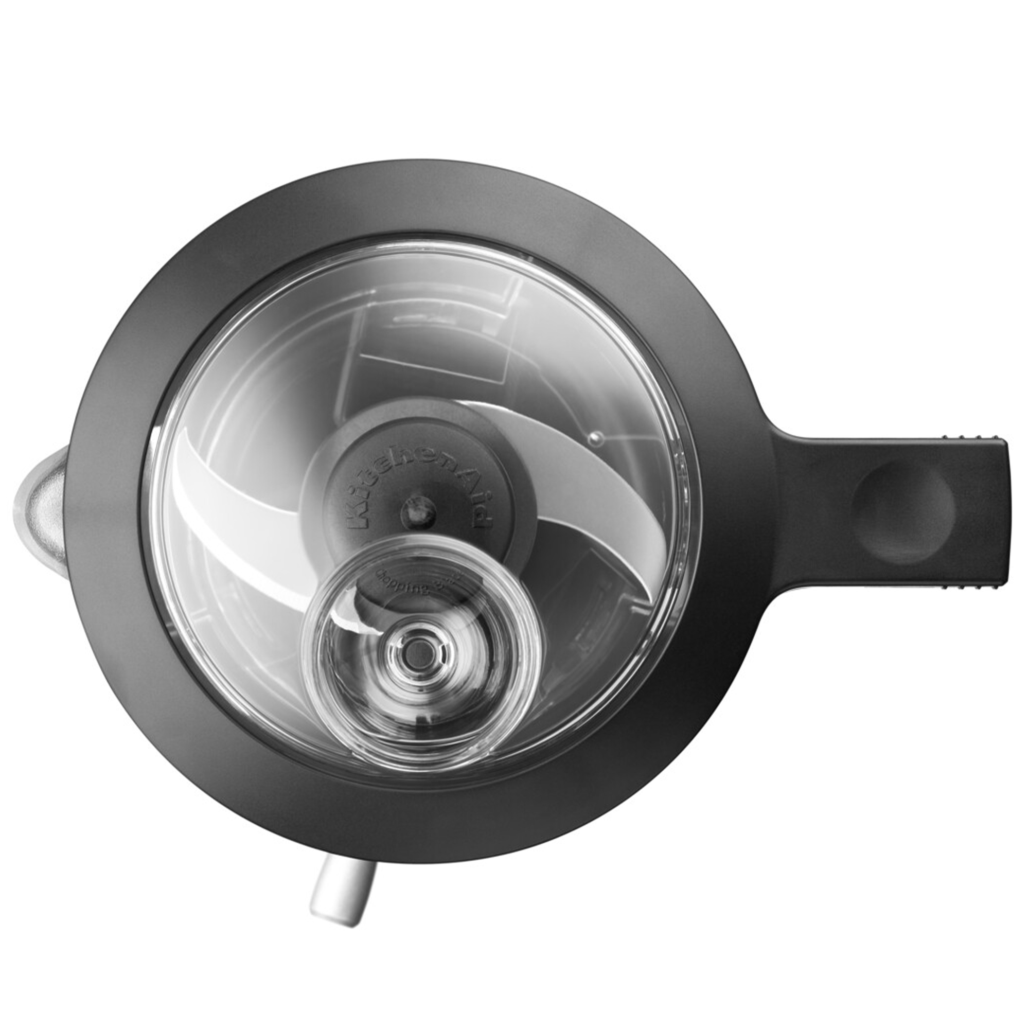 Draufsicht auf einen schwarzen Food Processor mit transparentem Deckel und Klingen.