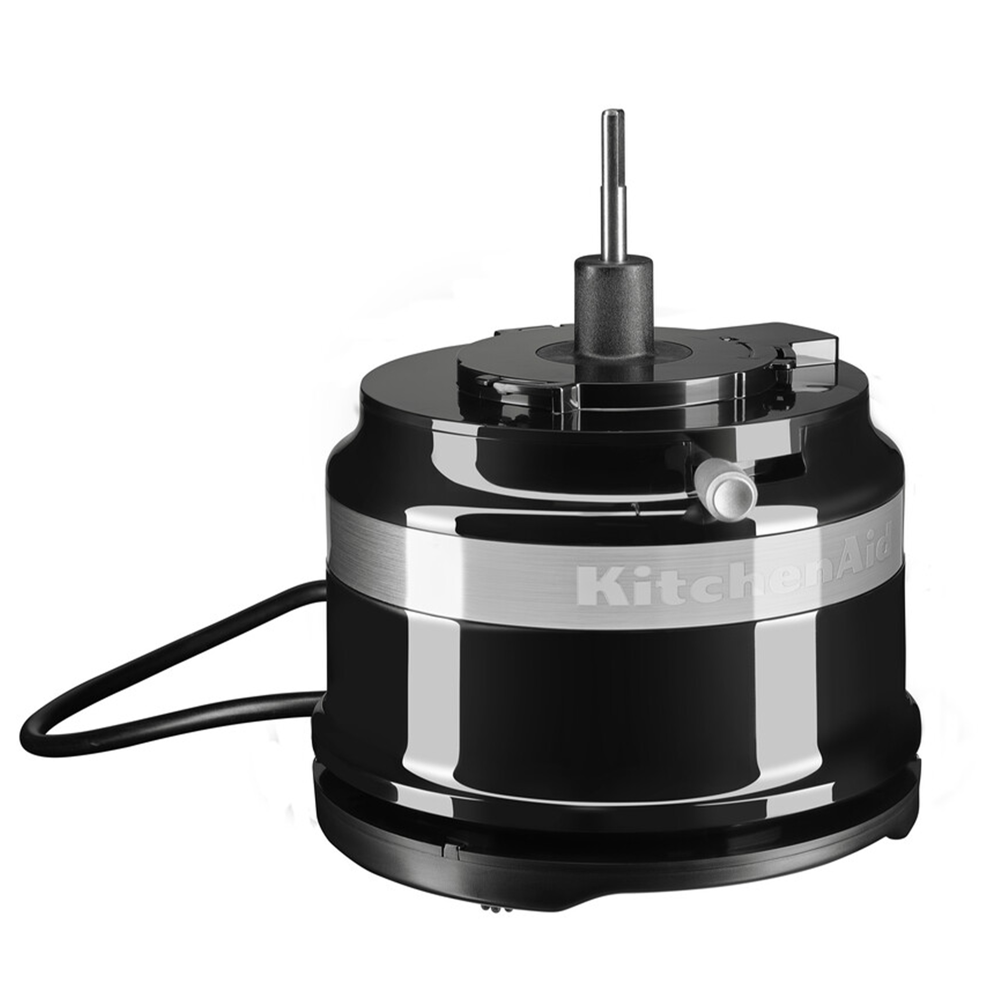 Schwarzer KitchenAid Food Processor mit silbernem Streifen und Kabel.