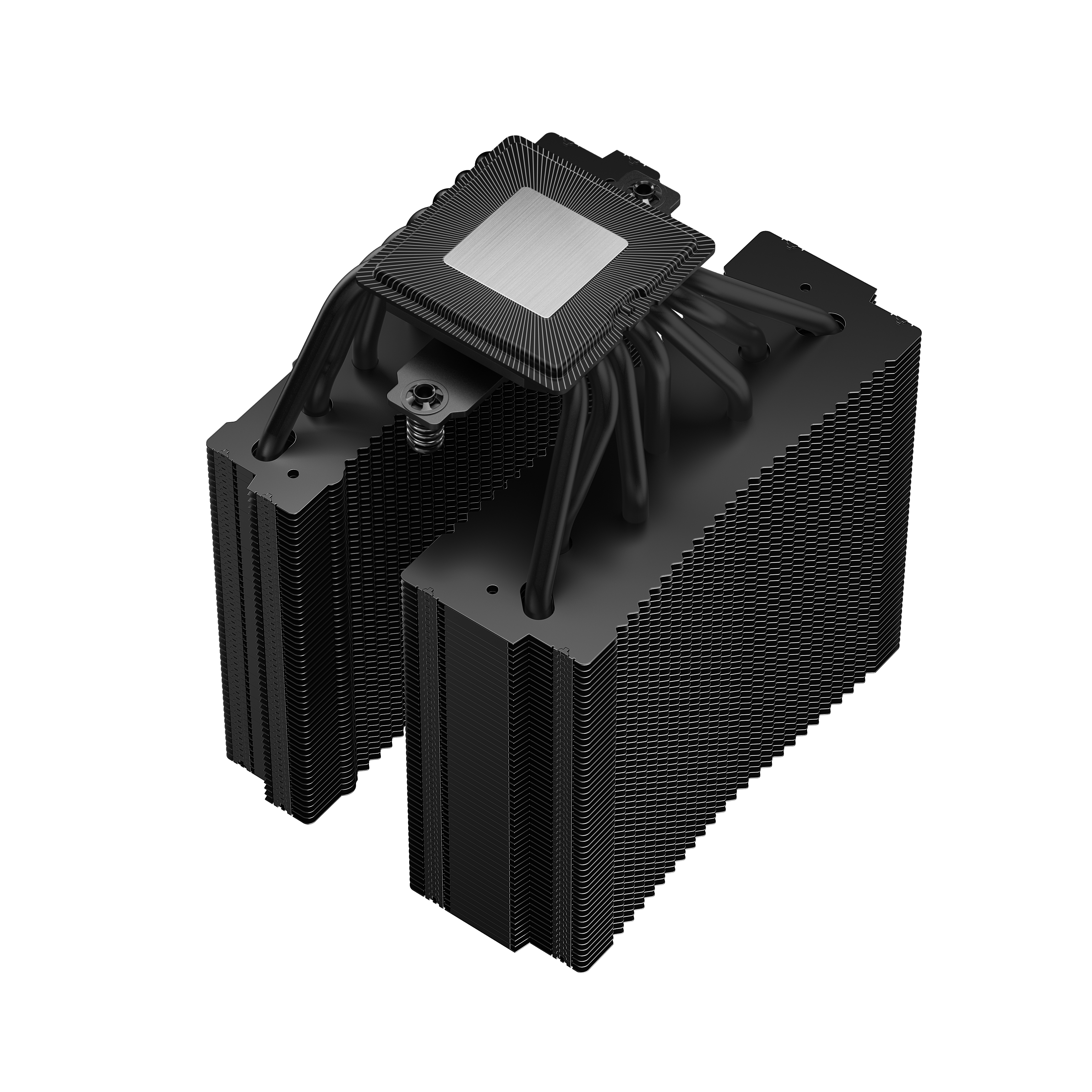 Czarna chłodnica CPU z srebrną płytą górną i rurkami cieplnymi.