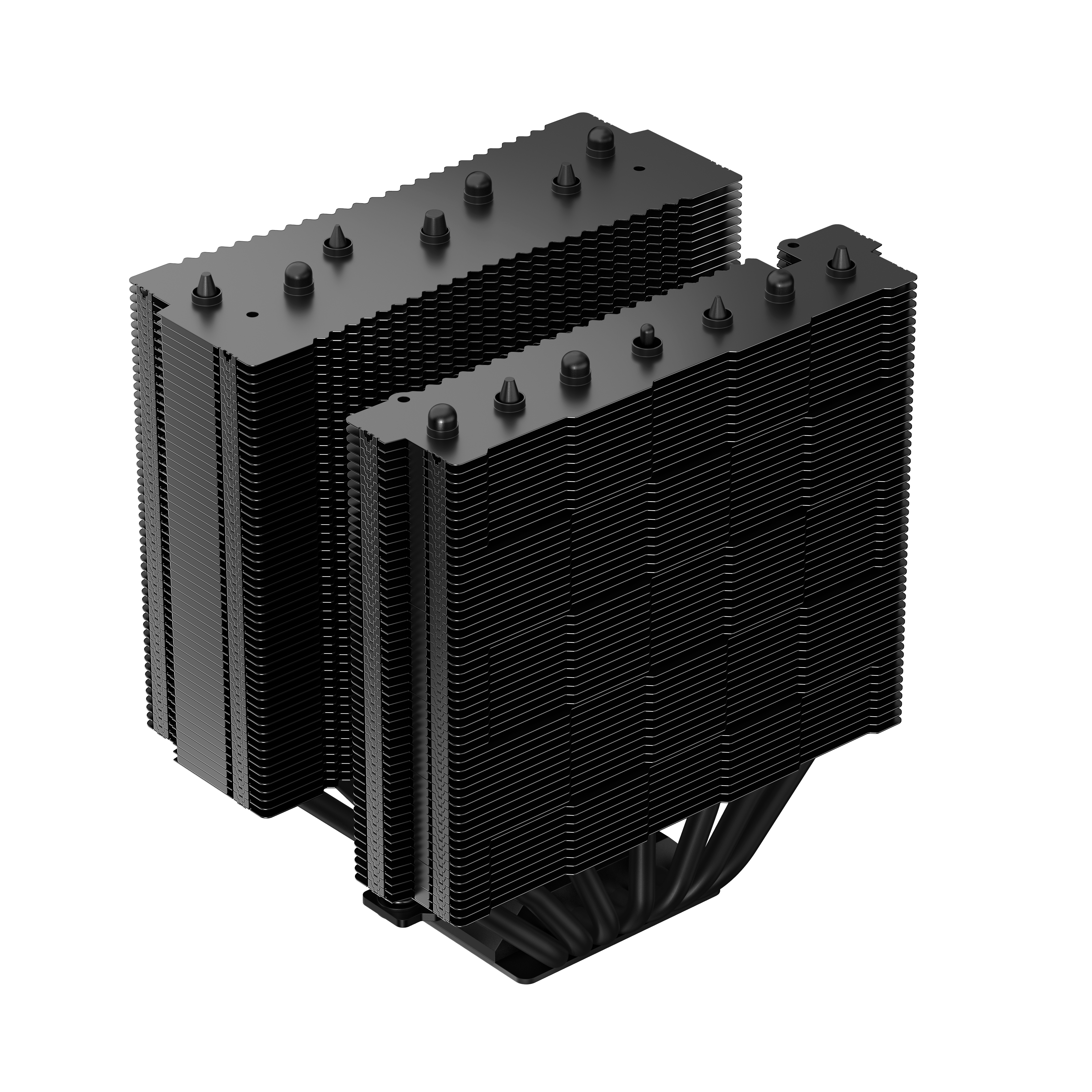 Czarna chłodnica CPU z podwójnymi wieżami radiatora i rurkami cieplnymi.