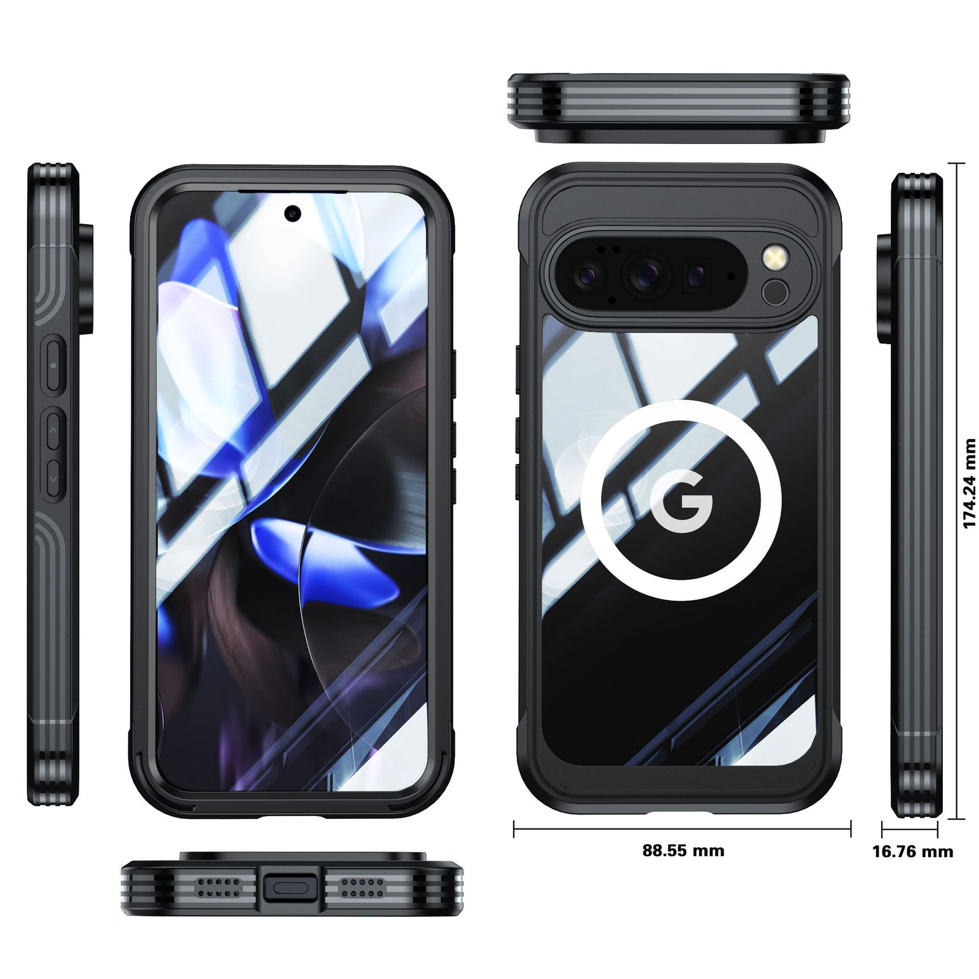 Viste frontale, laterale e posteriore di una custodia nera per smartphone con logo Google.