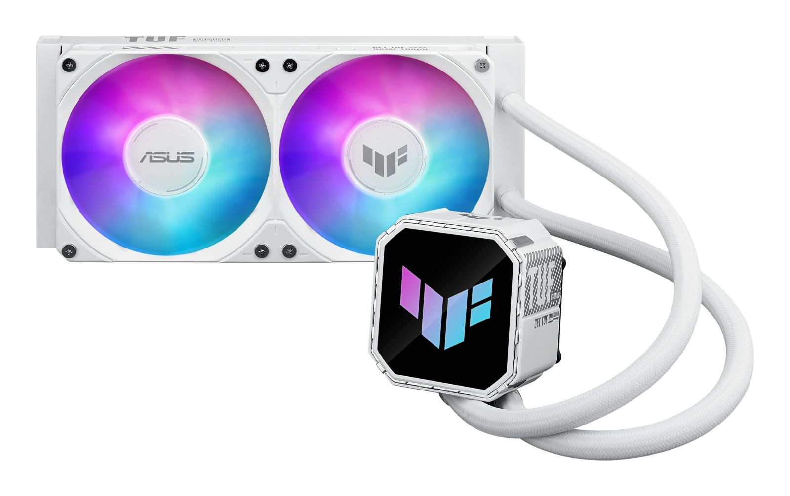Biała chłodnica cieczą do komputera z dwoma wentylatorami RGB i kwadratową obudową pompy.