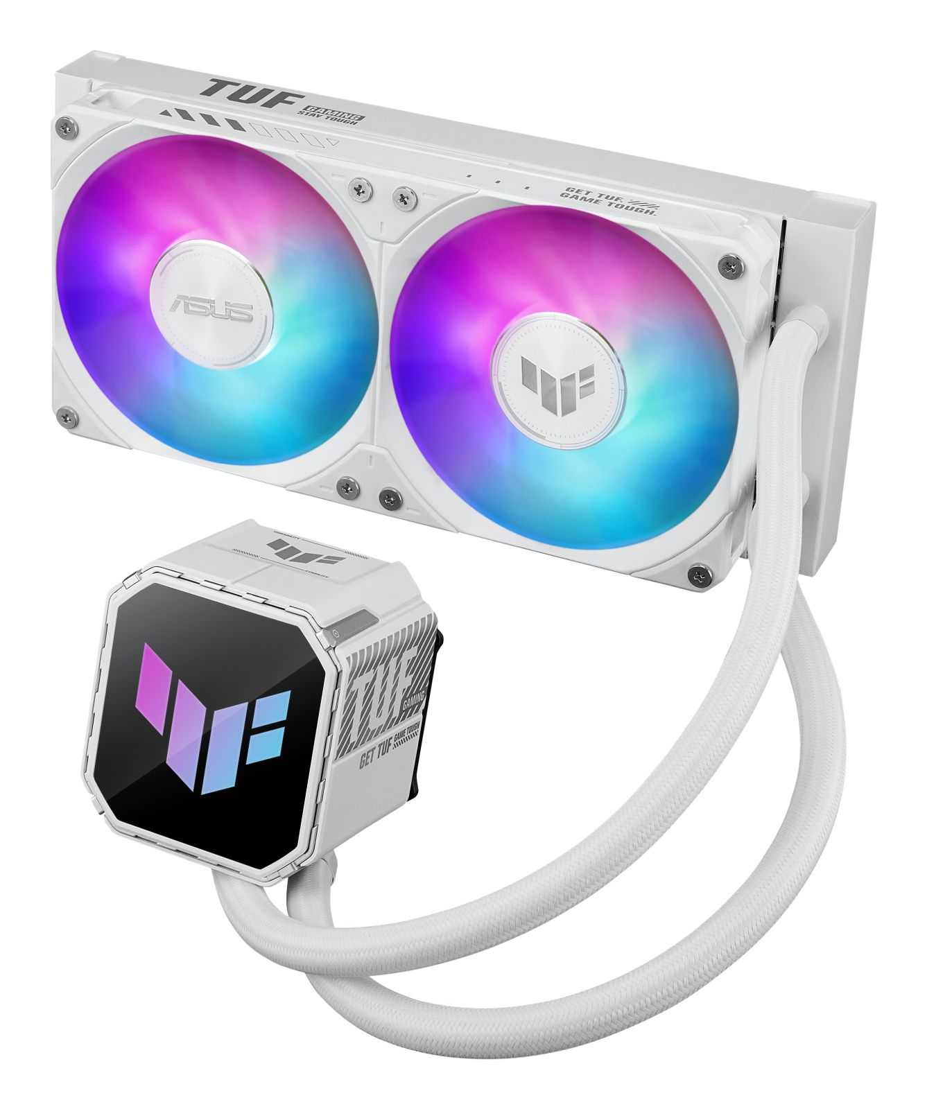 Biała chłodnica CPU z dwoma wentylatorami RGB i centralną obudową pompy.