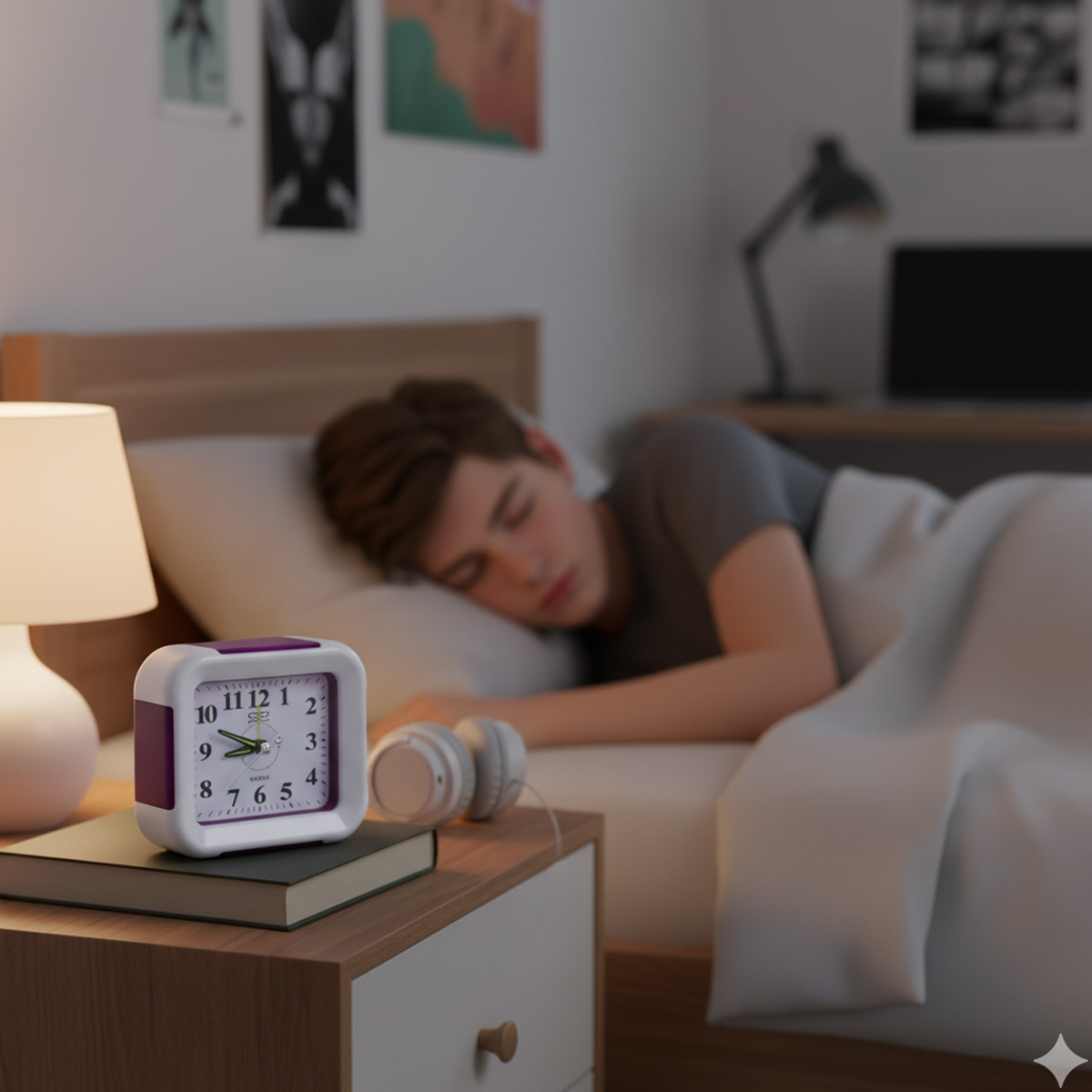Ein Junge schläft im Bett. Ein Wecker und Kopfhörer liegen auf dem Nachttisch.