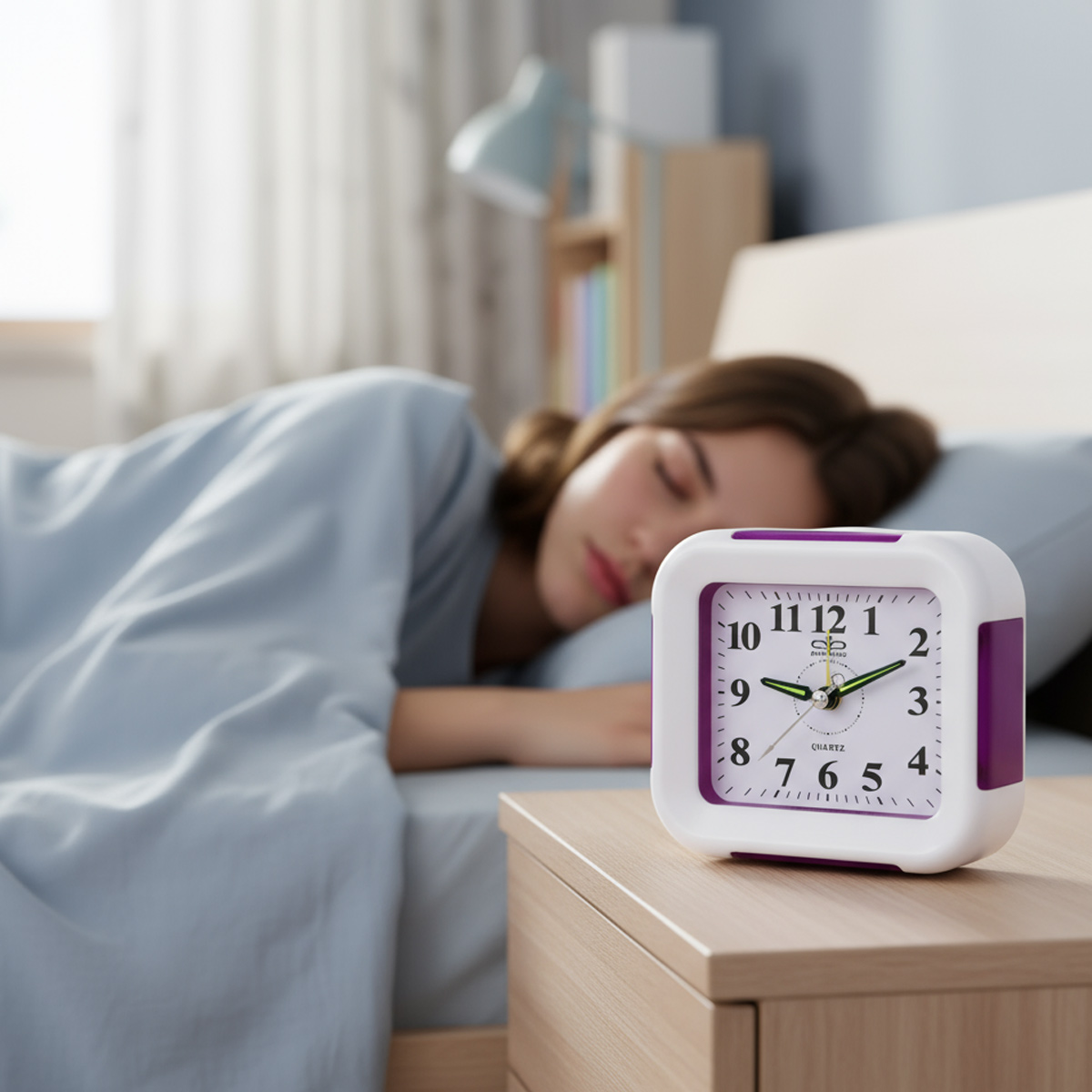 Eine Frau schläft im Bett, ein Wecker steht auf dem Nachttisch.