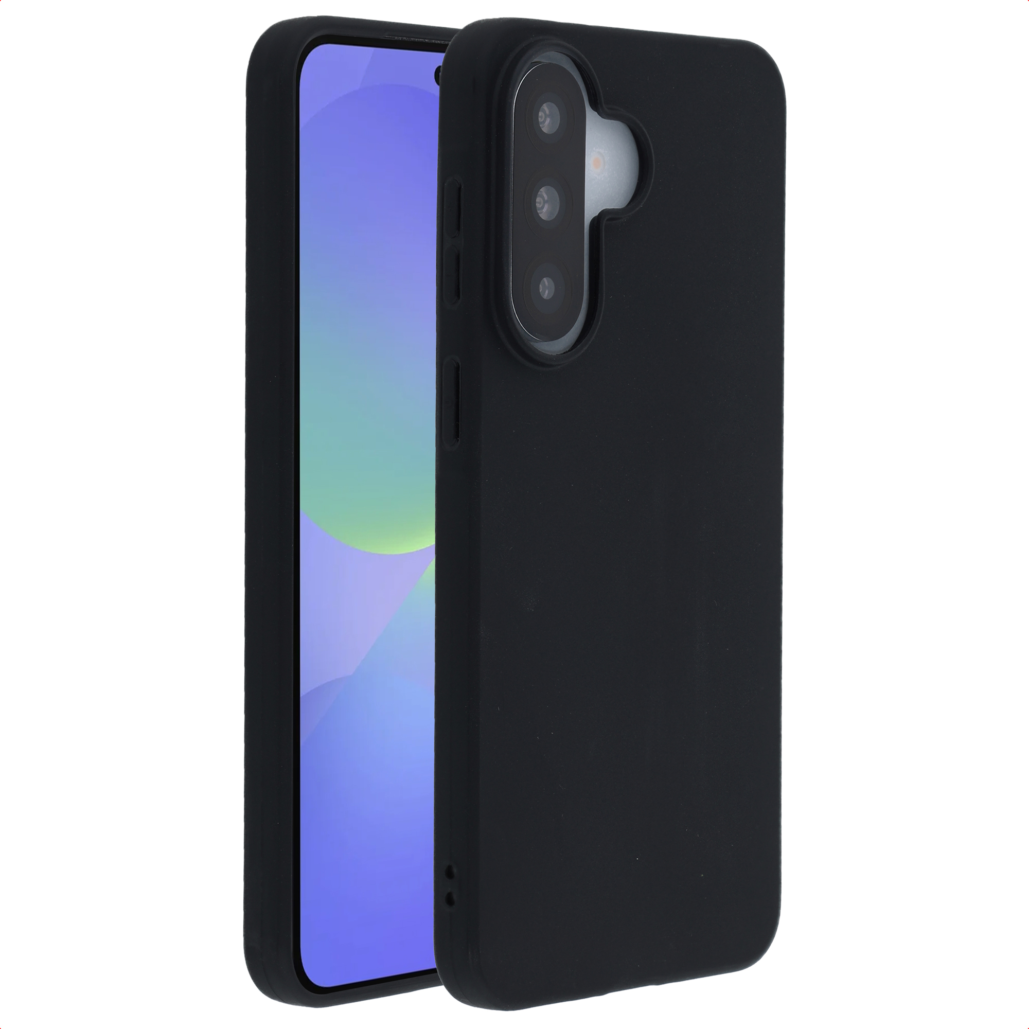 Coque de téléphone noire avec découpe triple caméra, sur fond blanc.