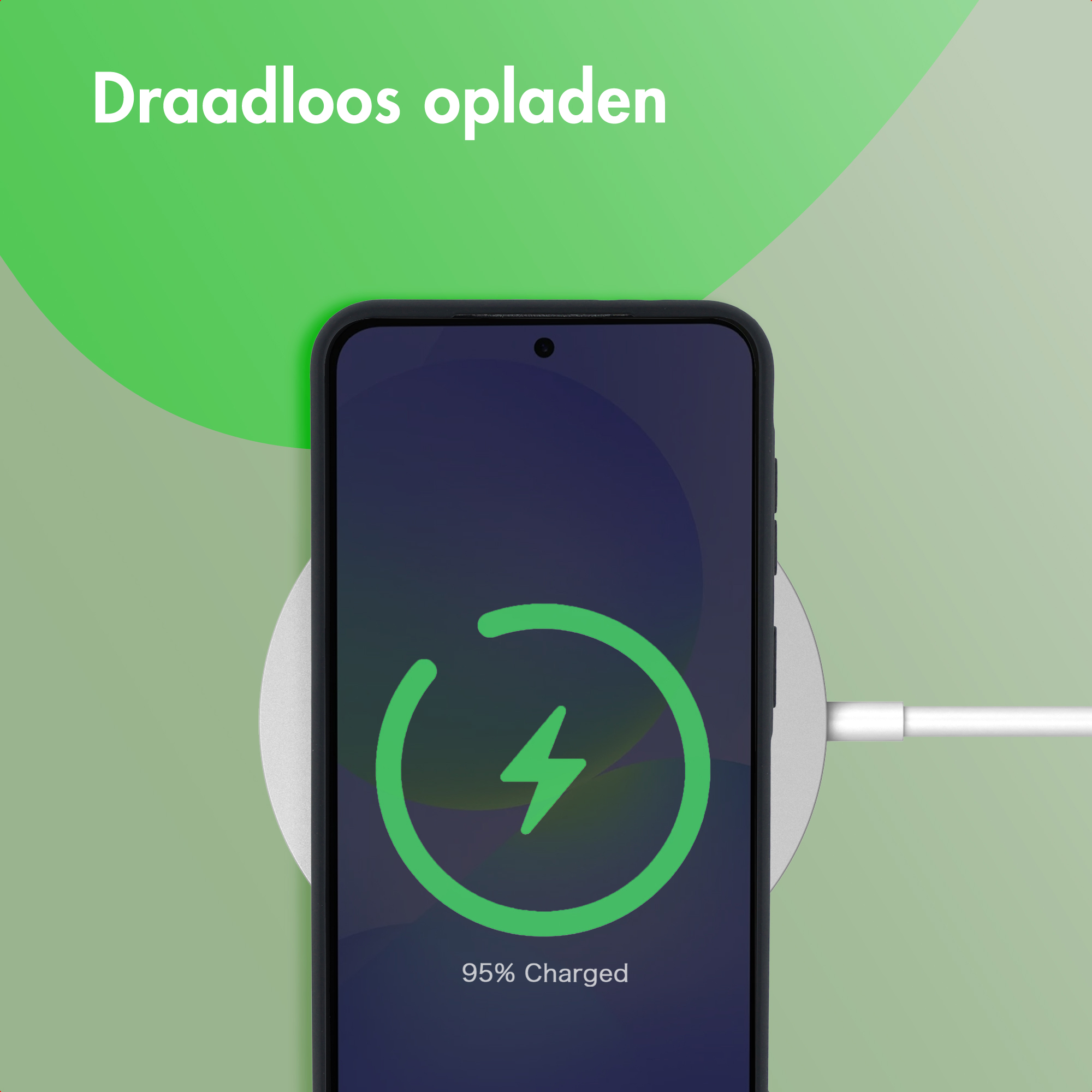 Un smartphone se charge sans fil. L'écran affiche 95% de charge.