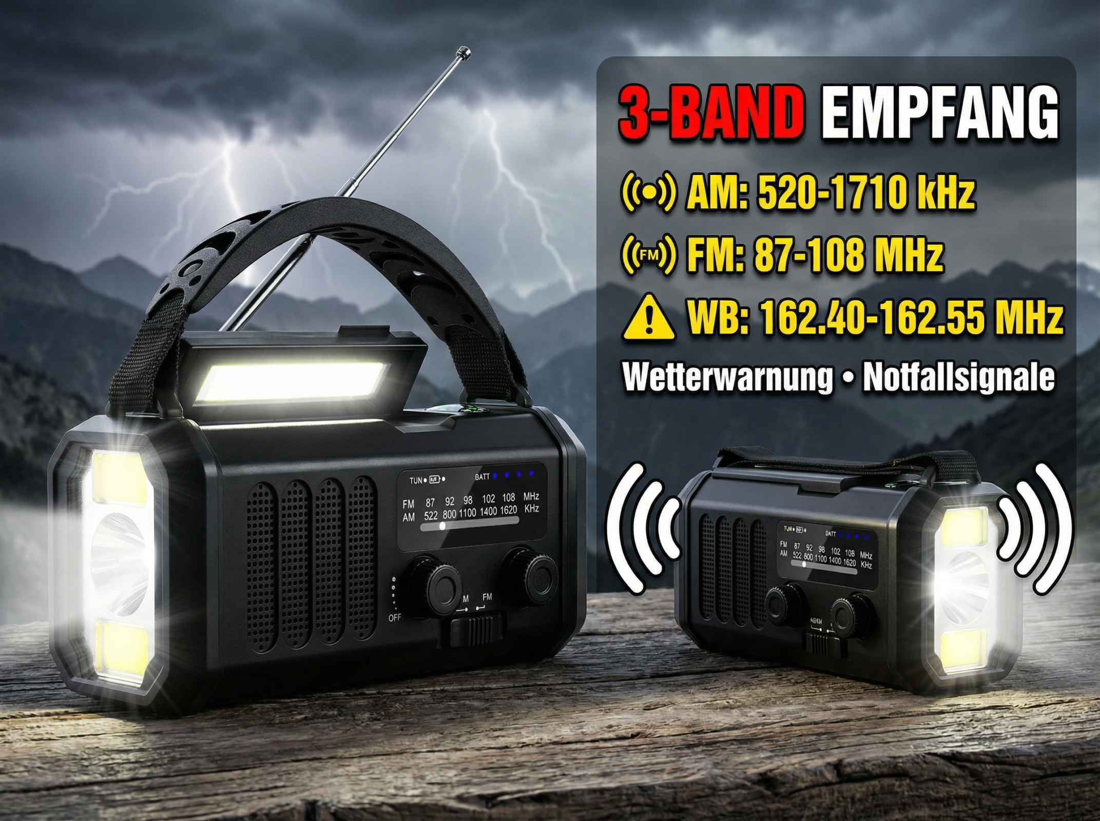 Notfallradio mit Taschenlampe bei Gewitter. Text über 3-Band-Empfang.