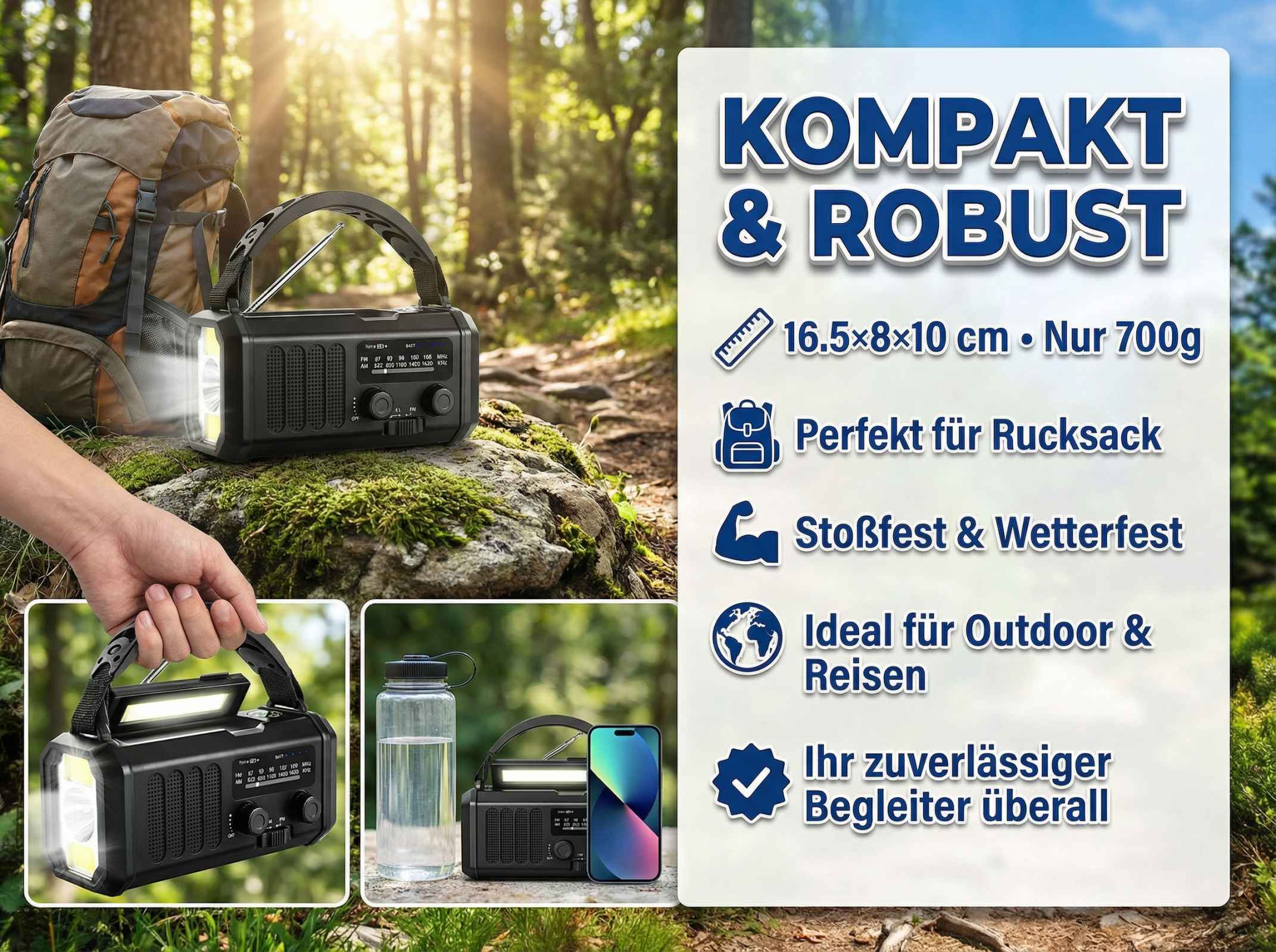 Ein schwarzes Notfallradio mit Taschenlampe und Rucksack im Wald.