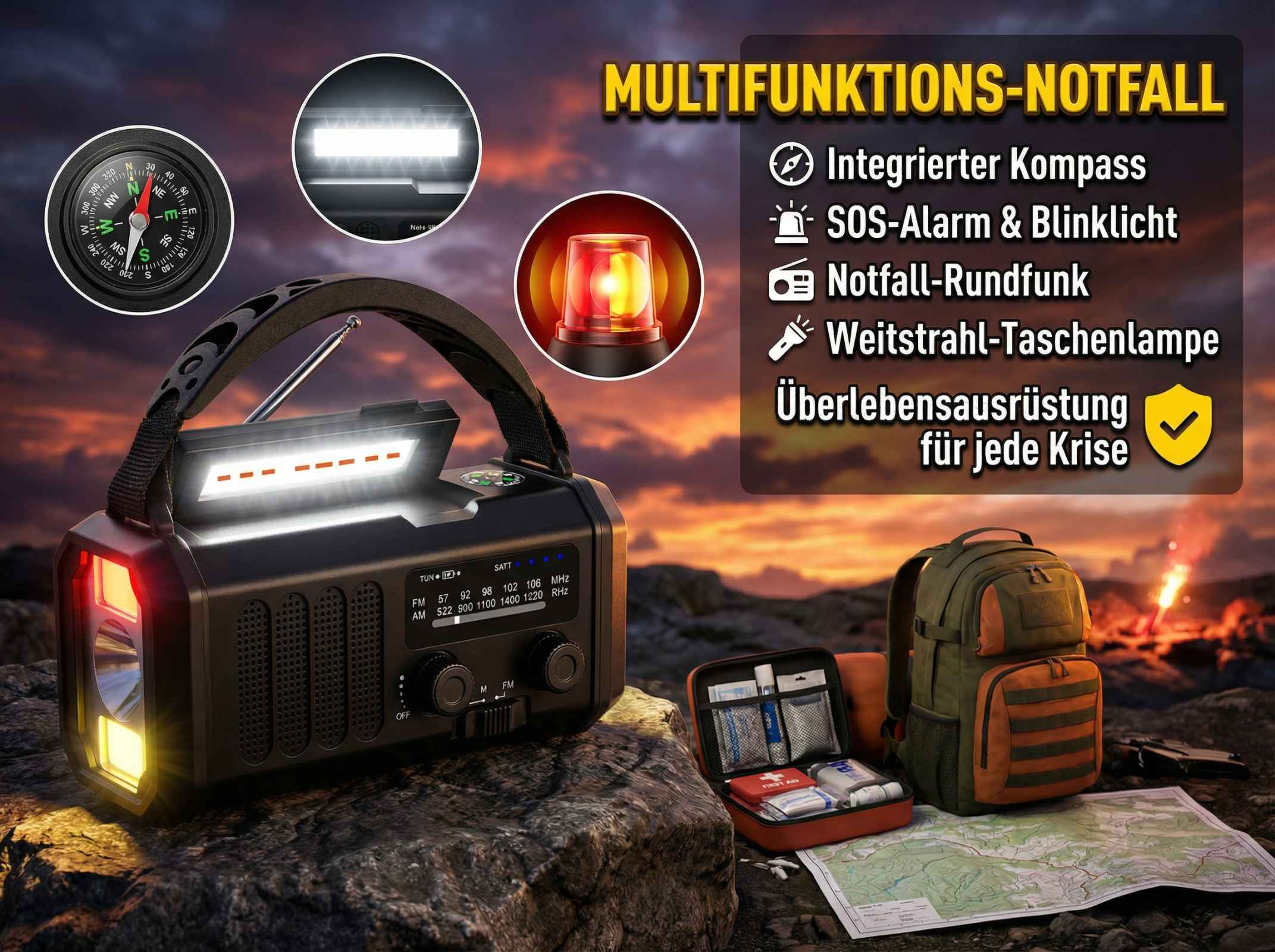 Ein Notfallradio mit Kompass, Lampe, SOS-Licht und Erste-Hilfe-Set.