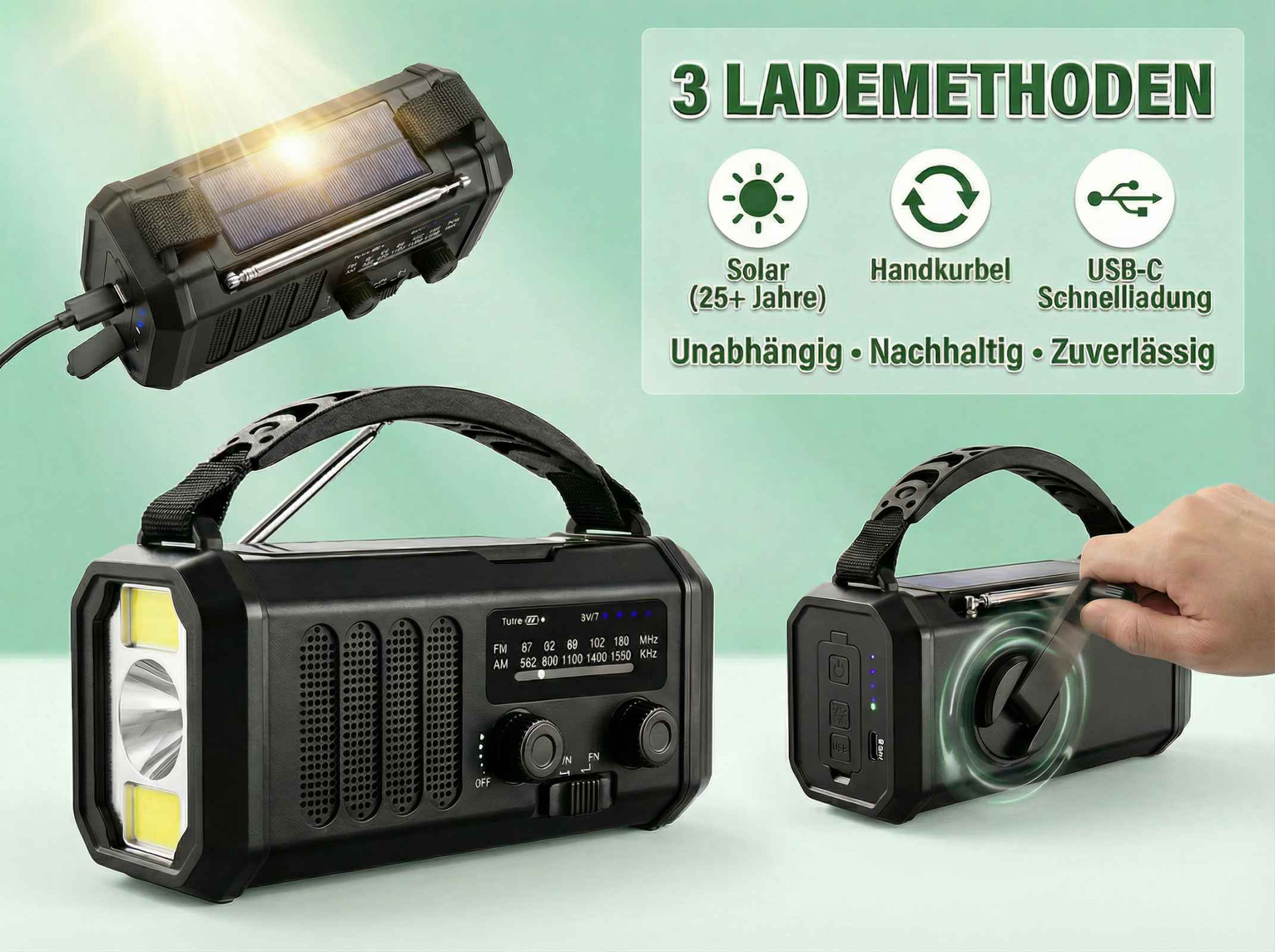 Notfallradio mit Solar, Kurbel und USB-C-Ladung, Taschenlampe.