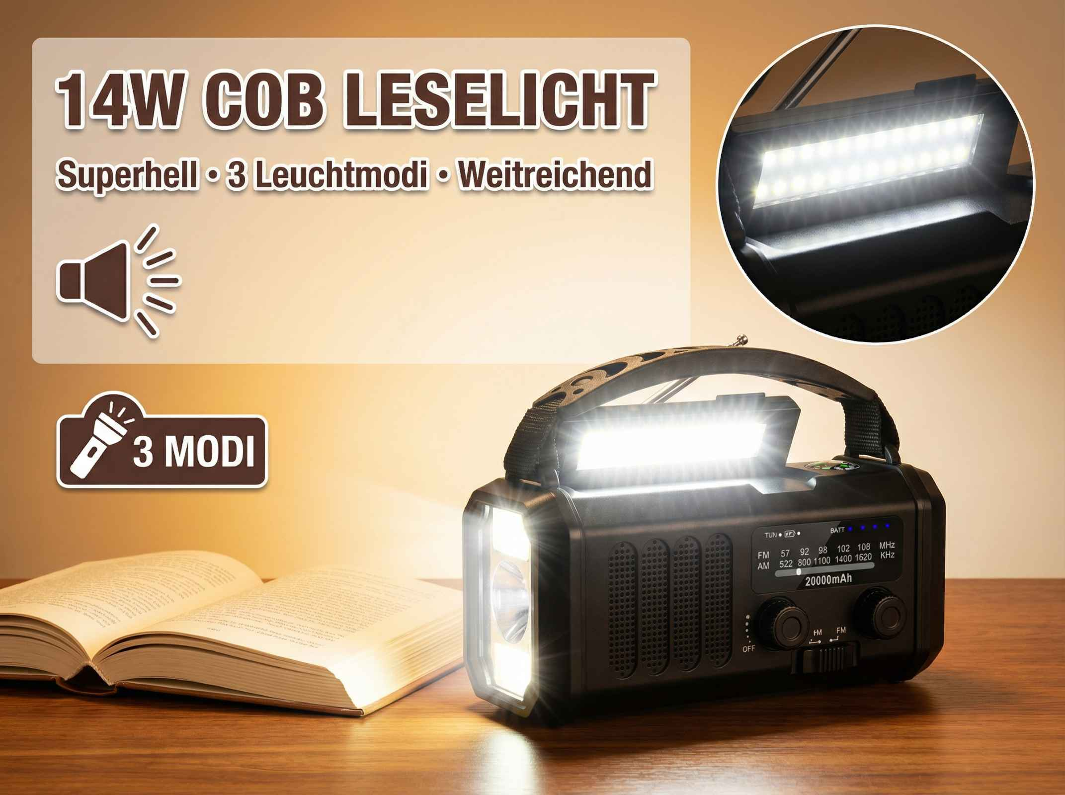 Ein schwarzes Multifunktionsgerät mit Radio, Taschenlampe und Leseleuchte.