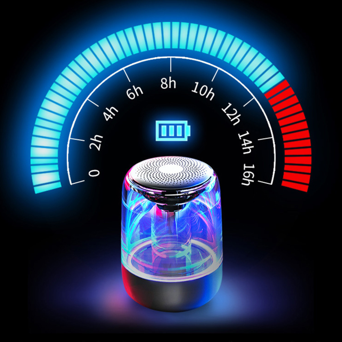 Przezroczysty głośnik z kolorowymi światłami i wskaźnikiem naładowania.
