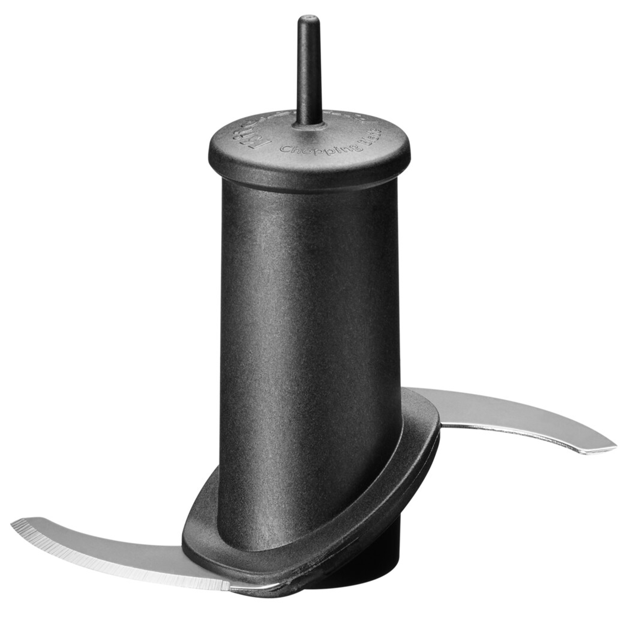 Ein schwarzer Messereinsatz mit zwei gekrümmten Klingen für eine Küchenmaschine.