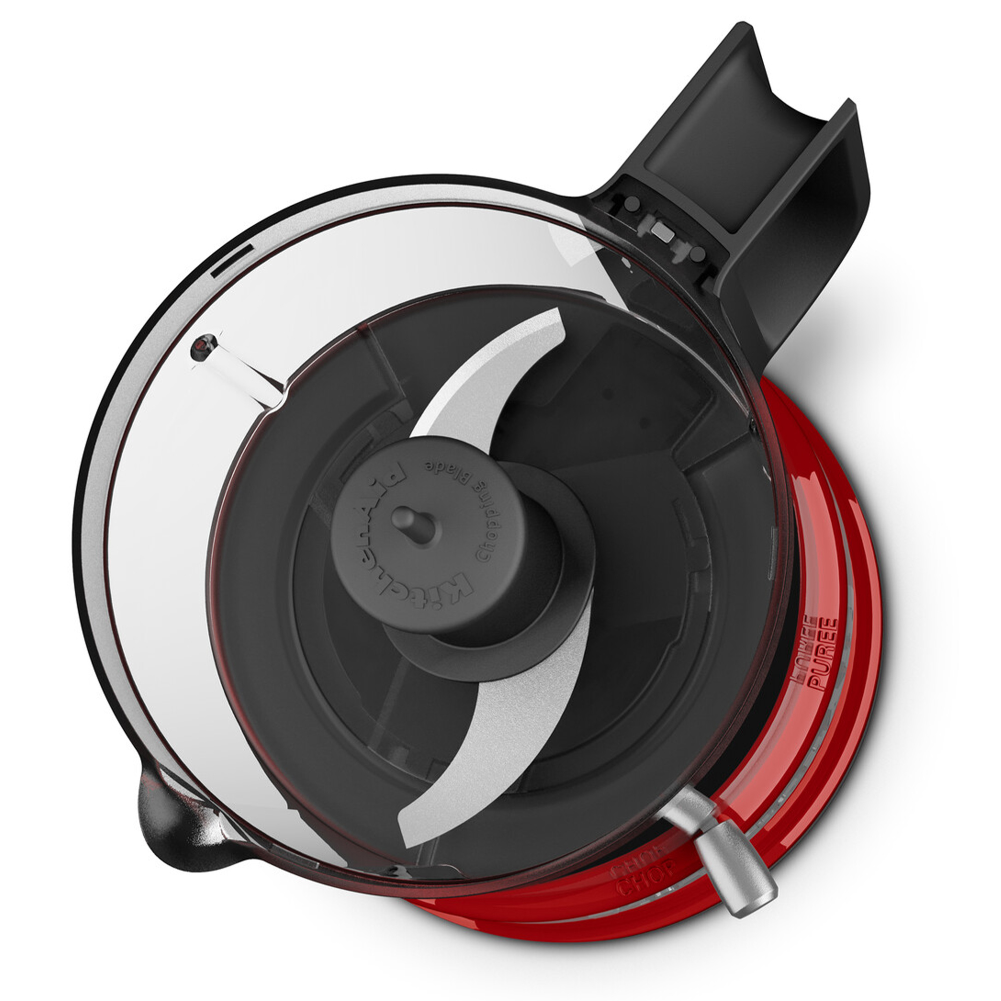 Roter Küchenmixer mit transparentem Deckel und silbernen Klingen.