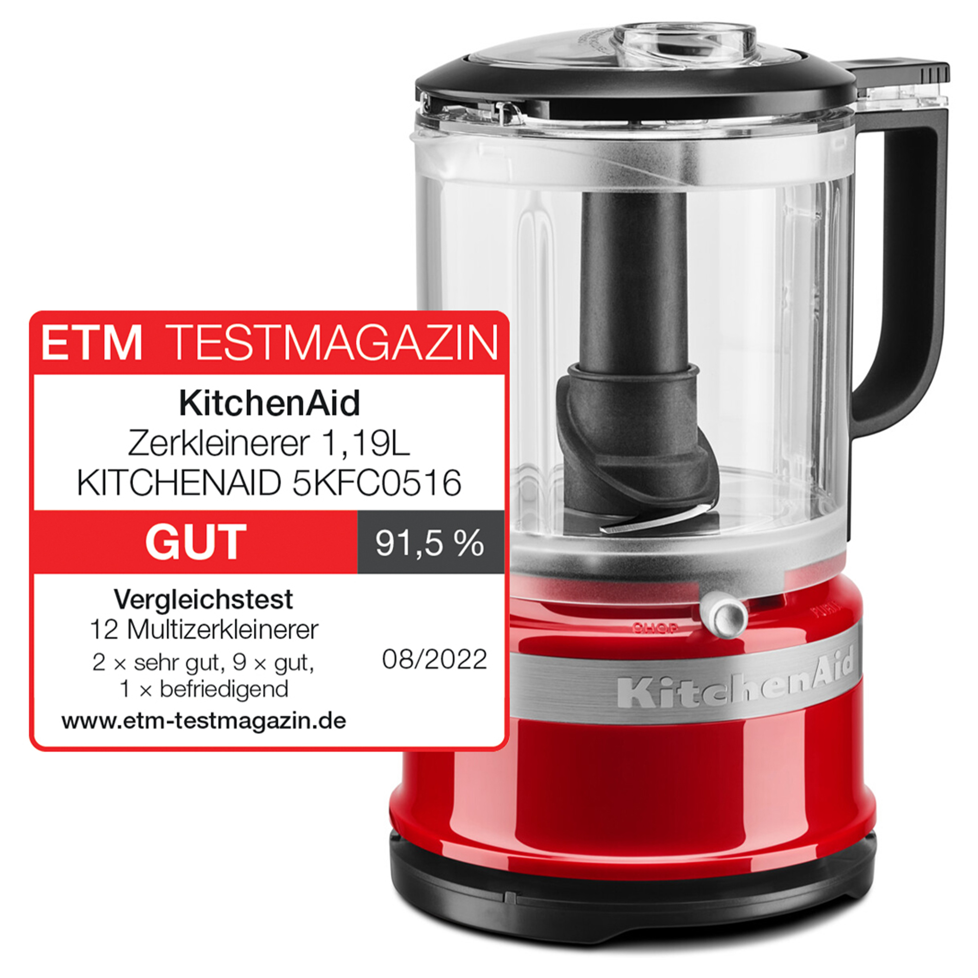 Ein roter KitchenAid Zerkleinerer mit transparentem Behälter und schwarzem Deckel.