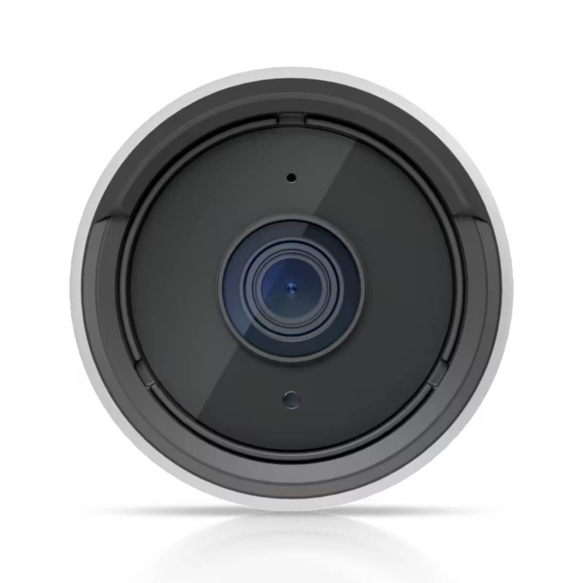 Okrągła kamera bezpieczeństwa z czarnym obiektywem i białym korpusem.
