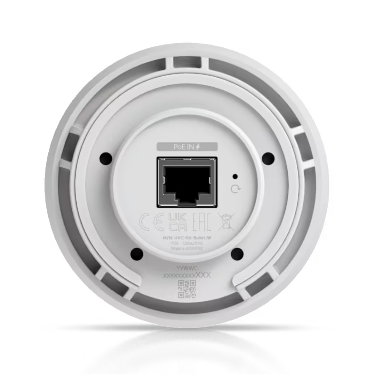 Biały tył kamery z portem PoE IN, logo CE/UK/EAC i kodem QR.