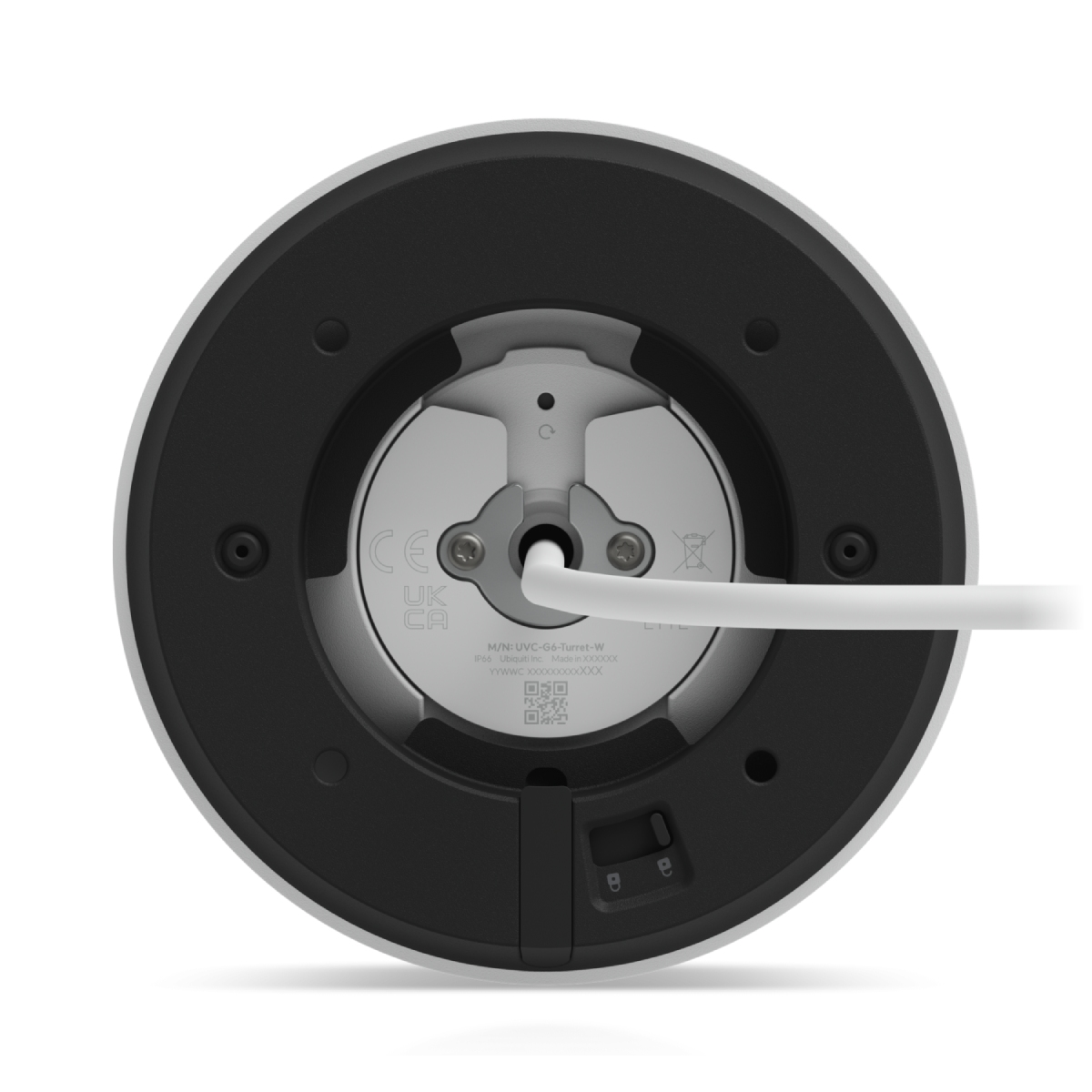 Spód kamery bezpieczeństwa z kablem i oznaczeniami CE/UKCA.