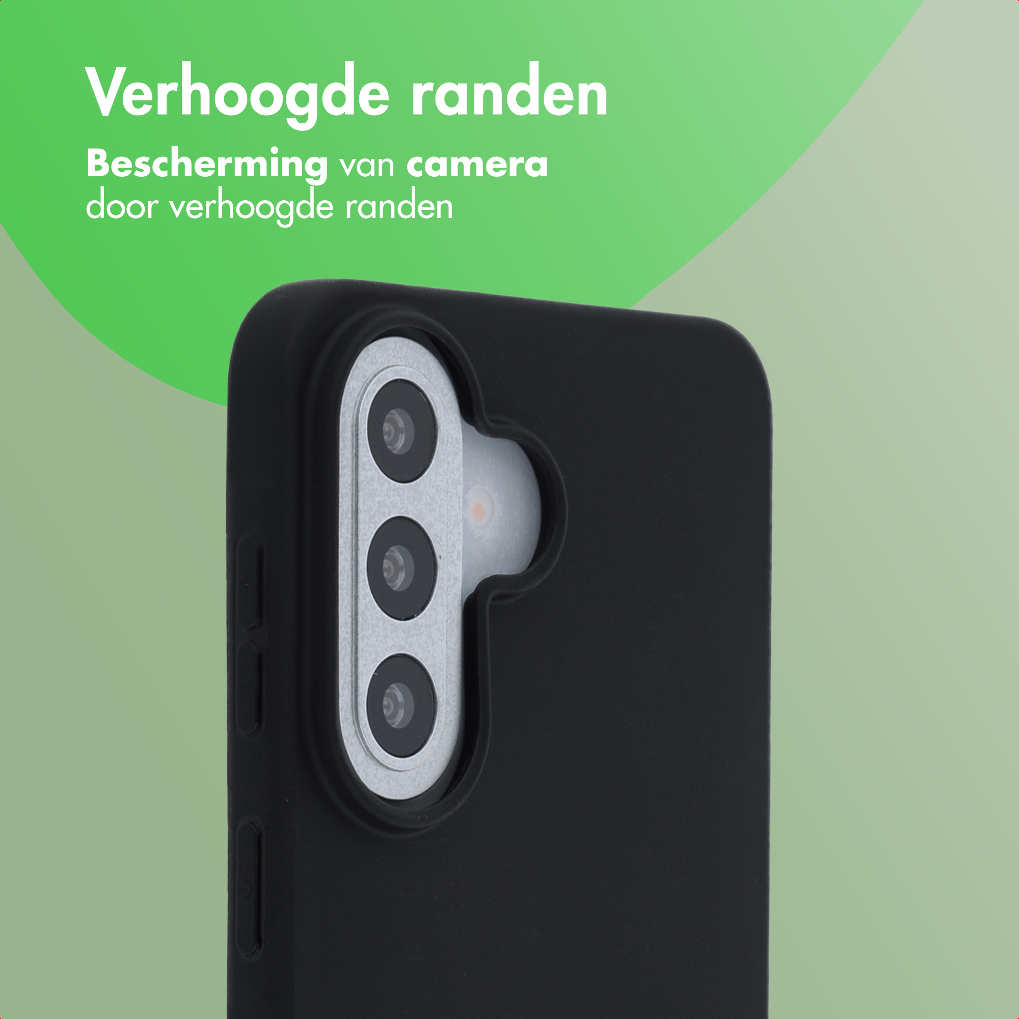 Zwarte telefoonhoes met verhoogde randen die de camera beschermen.